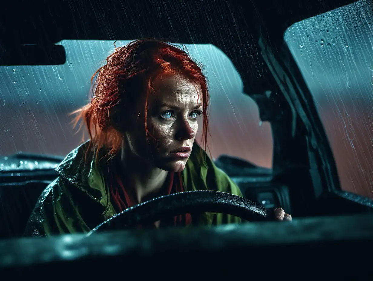 
Photorealistic. Night time. 
Wide shot cinematic. Desert, night time, heavy rainstorm, front seat of a F-150 Ford truck.  Photorealistic. Night time. A beautiful Scandinavian woman in old greenish clothes, shoulder length red hair, We see a heavy rainfall over a desert landscape. Rain streaks the windshield. The scene is lit in a dark moody atmosphere. We see a very beautiful, red headed, 25 years old, Scandinavian woman with a worried look on her face. We are looking through the windshield at her as she drives both hands on the steering wheel. Rain is on the windshield.