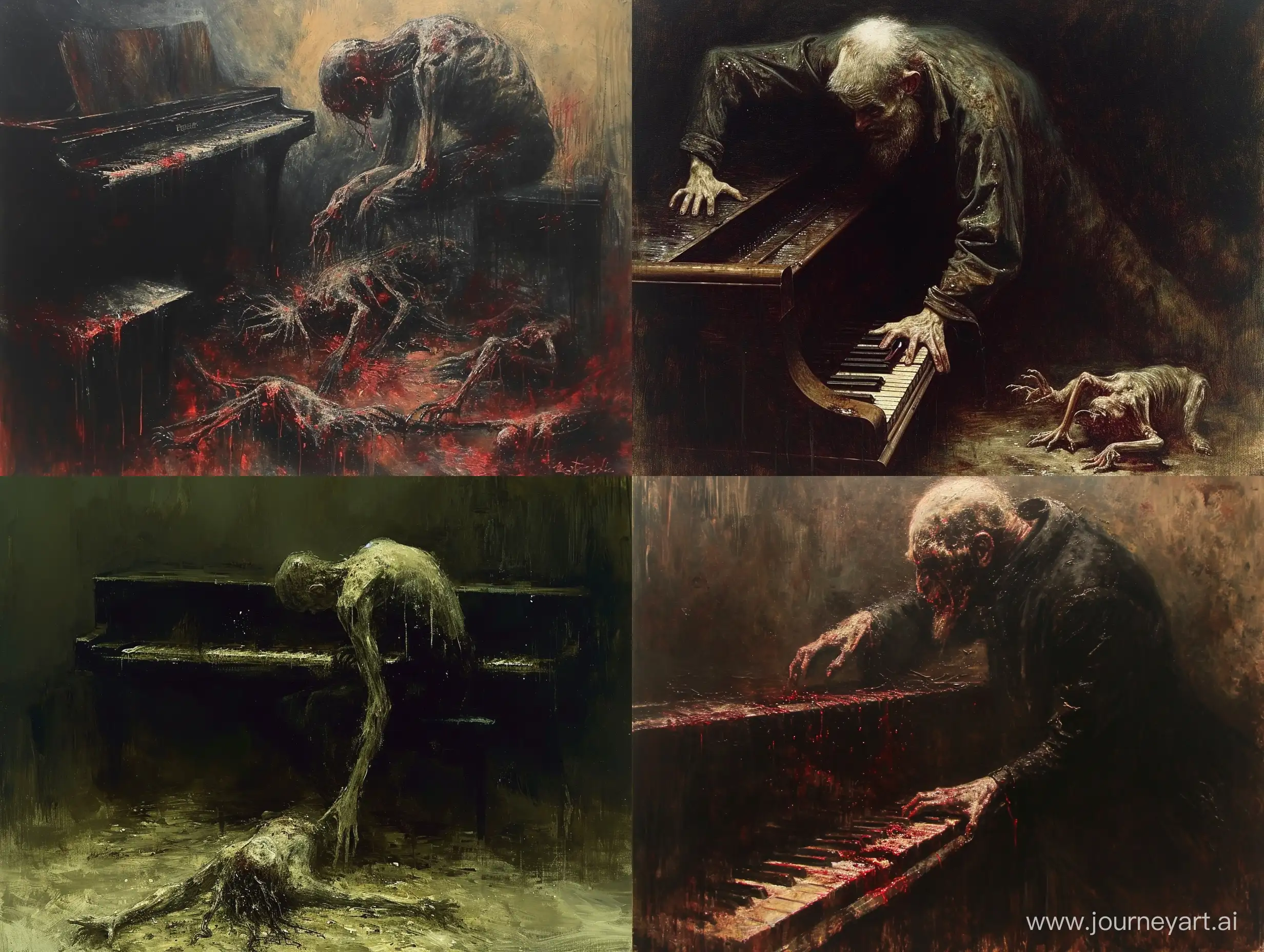  staggering on the ground  ./ Beksiński /style painting darknes vampirez paraboiledb beautyfull wet efekt multiple shrunken biology hybrid with human+ Psittrigomogchas splendex fulgidsus+Tropheus Bemba , pointillism expressionism teraforming piano player for hybrid painted by Beksiński hybrids 