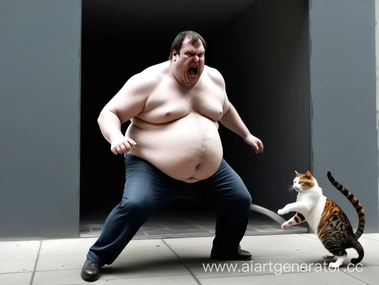 Огромны мужик с пузом злой бежит за котом