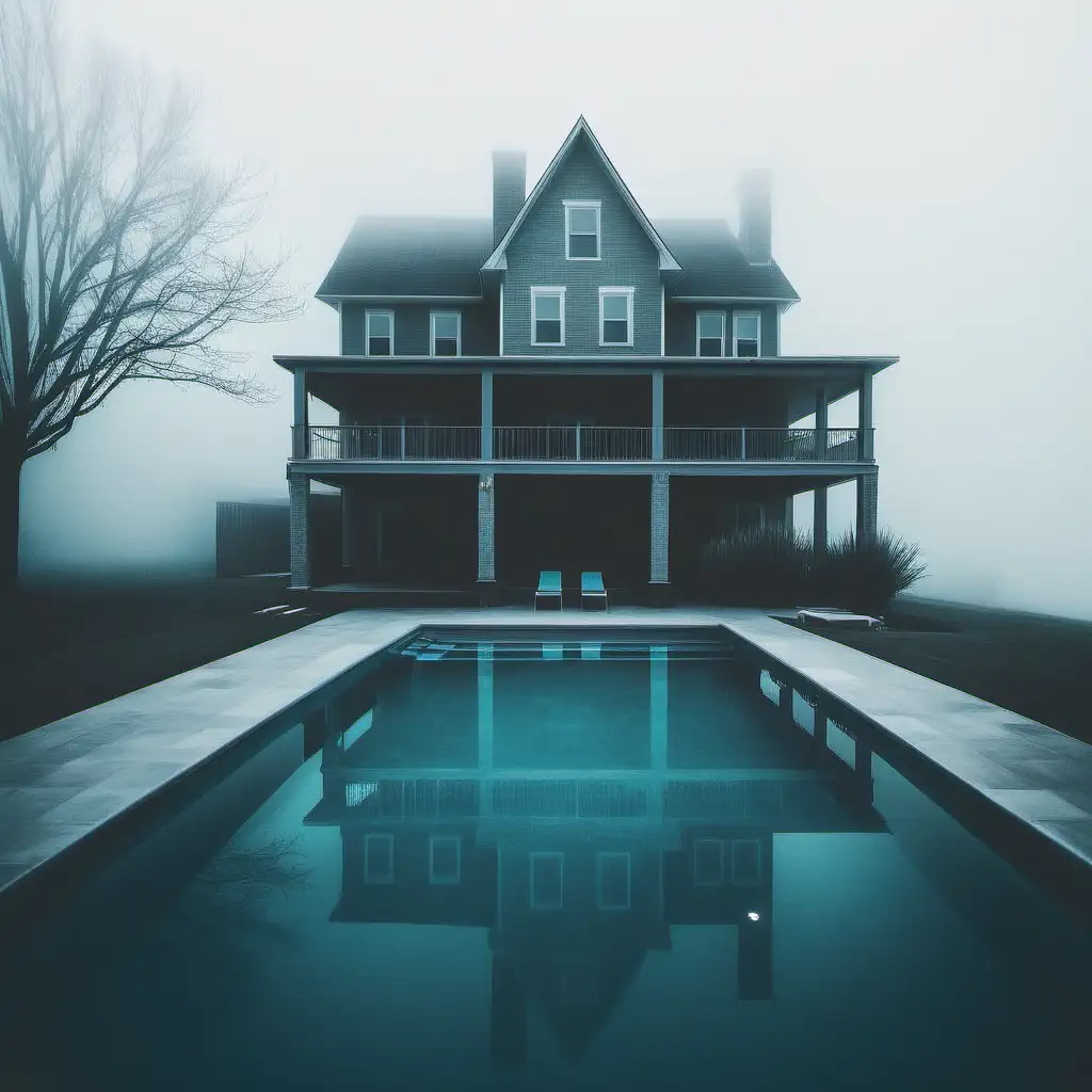 kühles bild von Haus mit Pool im Nebel