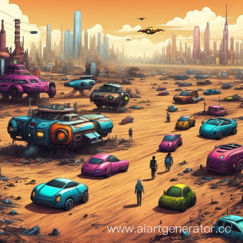 Futuristic-Wasteland-with-Colorful-City-Flying-Cars-and-HumanFaced-Robots