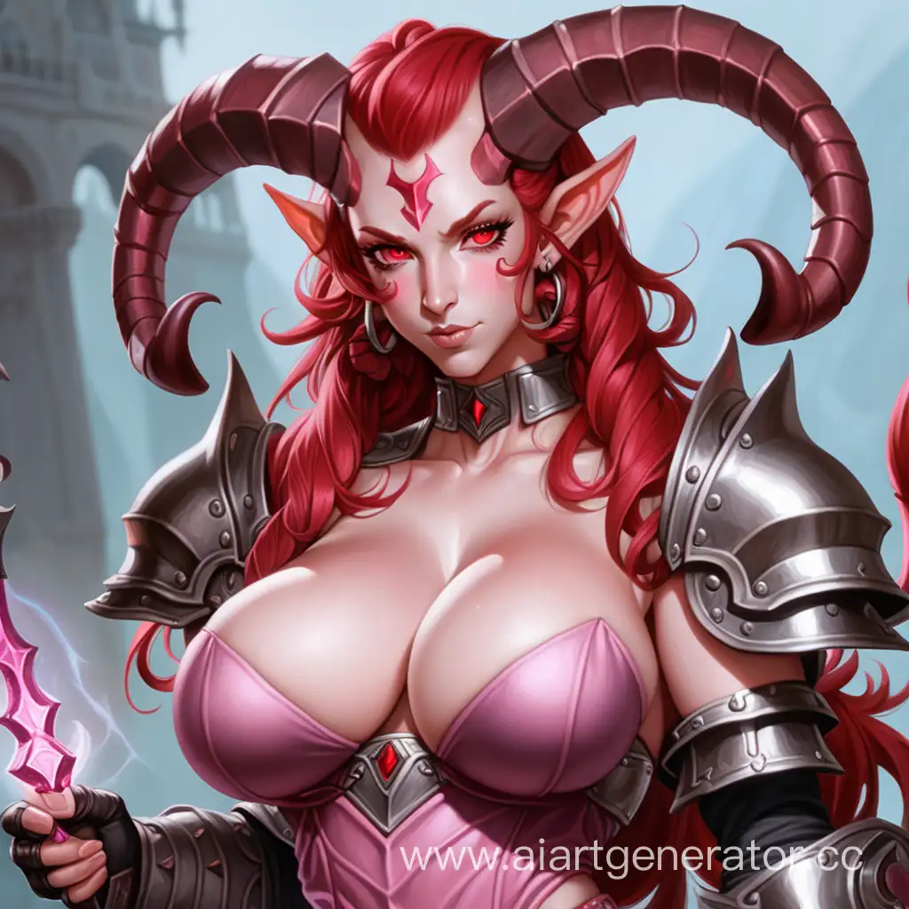 , tiefling in the middle, pink skin, red eyes, short stature, large breasts, voluminous horns, thin waist, long red hair, slightly curly, armor, magic staff, short stature, armor