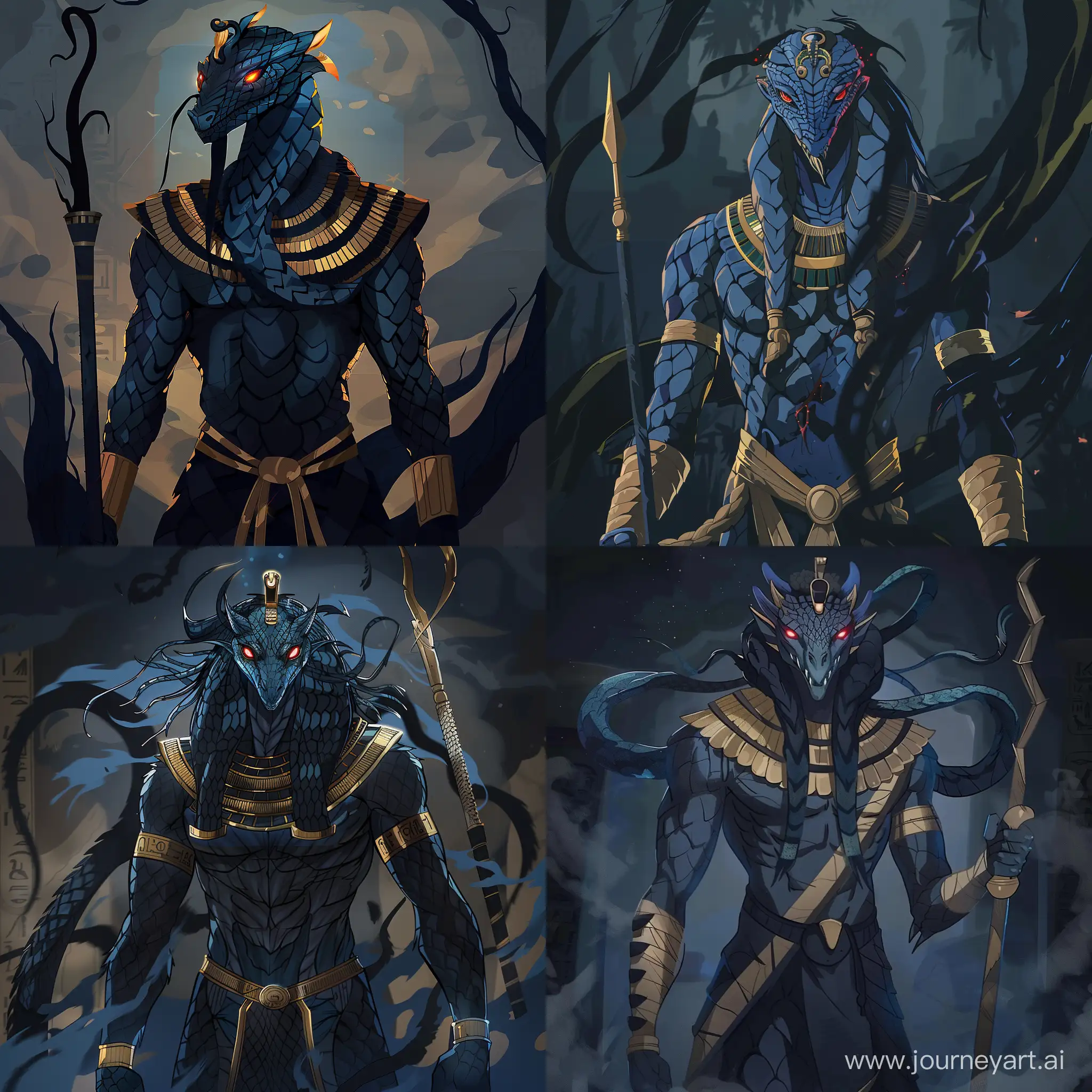 2D anime style Apophis, the Eternal Darkness, a colossal serpent deity from Egyptian mythology, embodying chaos and the night sky. His scales shimmer in dark hues of blue and black, with fiery red or golden eyes that pierce through the darkness. Shadowy tendrils emanate from his back, forming ominous shapes. In his anthropomorphic form, he possesses a striking, angular face with narrow, slanted eyes and serpent-like pupils, crowned with a traditional Egyptian headdress. His attire is minimal yet regal, featuring golden armlets, a broad collar, and a loincloth made of living darkness. He wields an ancient Egyptian khopesh or a staff, channeling dark powers