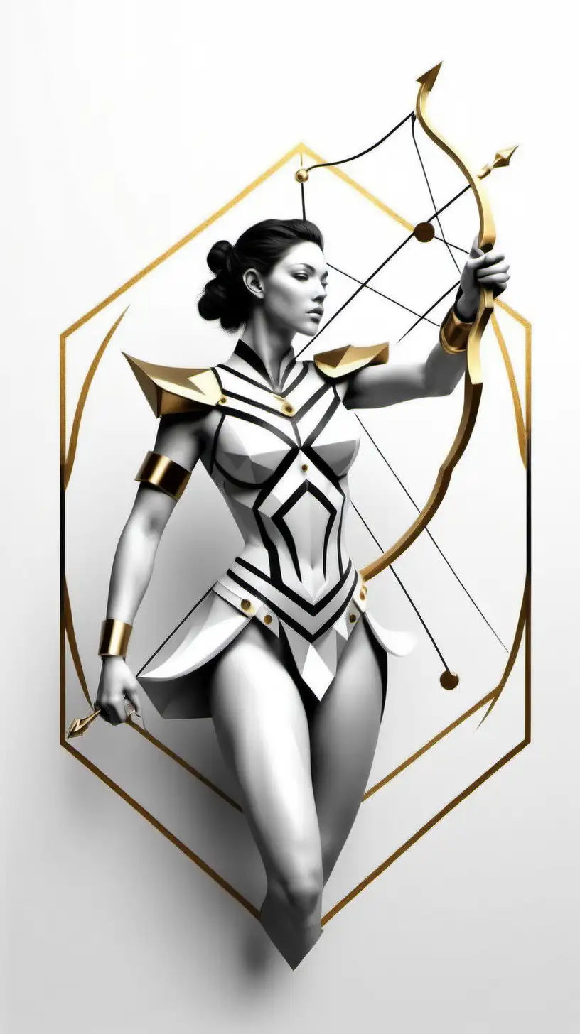 featuring a realistic [Sagittarius zodiac] [a hyper realistic beautiful sagittarius] [geometric shapes] 
[black and white and gold]
white empty background
