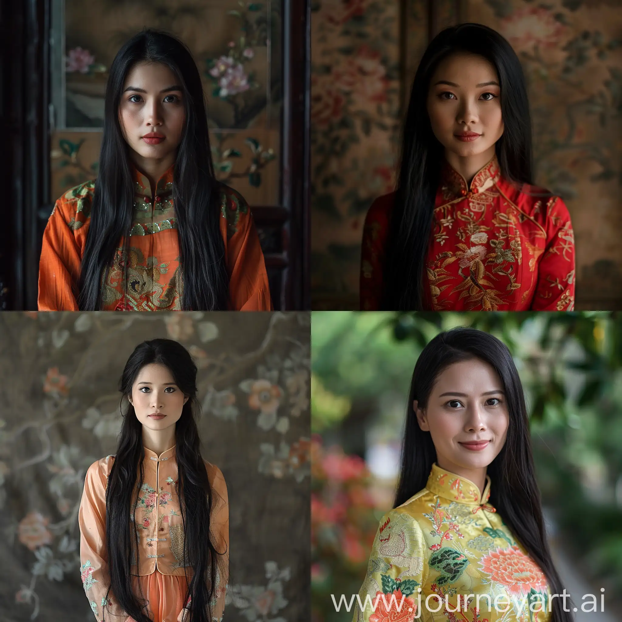/image portrait of a vietnamese
 woman in traditional clothes , long black hair