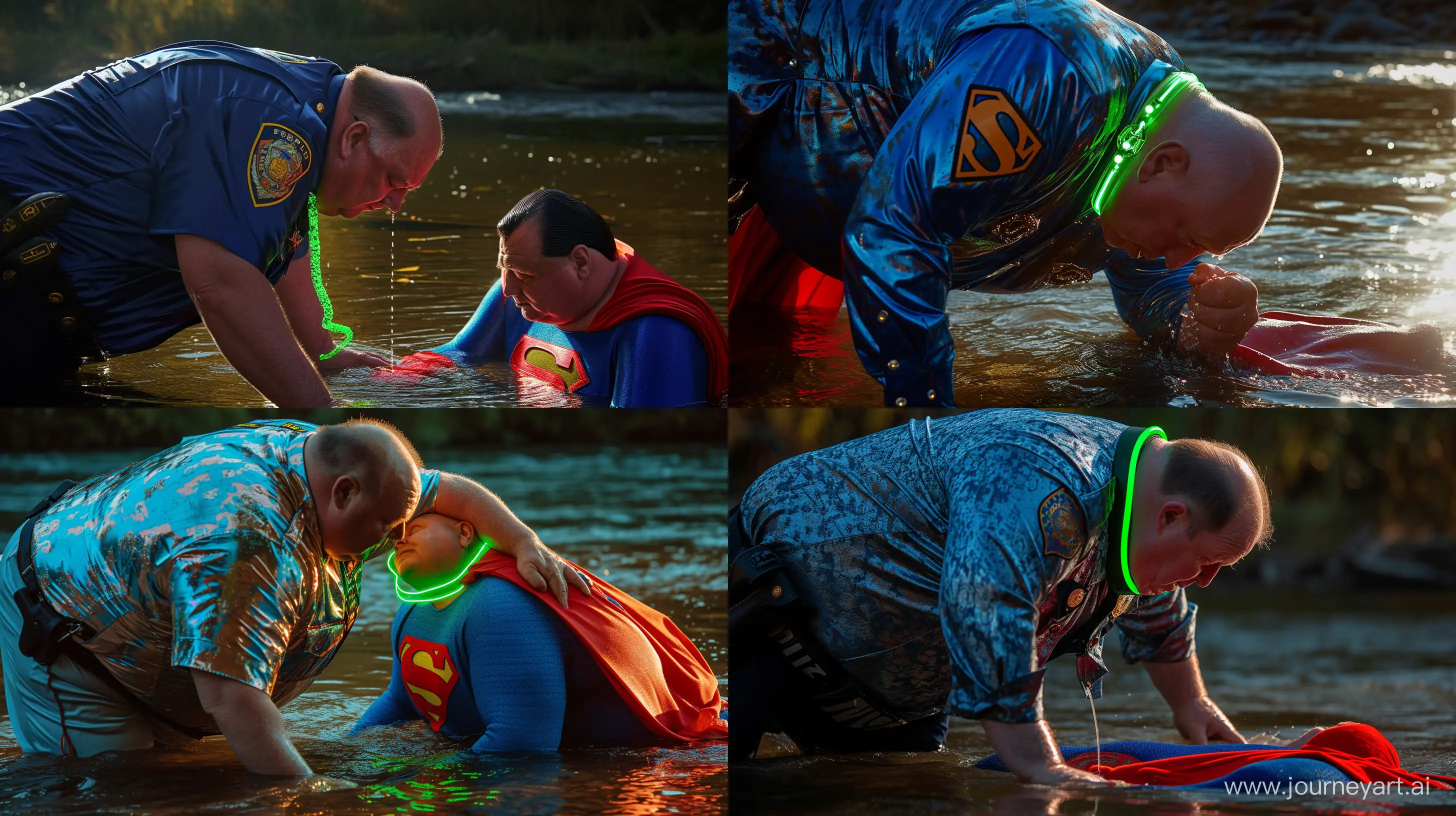 Eccentric-Scene-Elderly-Man-in-Superman-Costume-Receives-Neon-Dog-Collar-by-the-River
