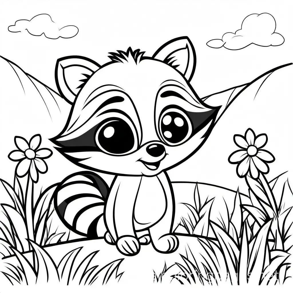 CUTE BABY PLAYFUL RACOON PLAYING IN THE FIELD, Coloring Page, black and white, line art, white background, Simplicity, Ample White Space. The background of the coloring page is plain white to make it easy for young children to color within the lines. The outlines of all the subjects are easy to distinguish, making it simple for kids to color without too much difficulty