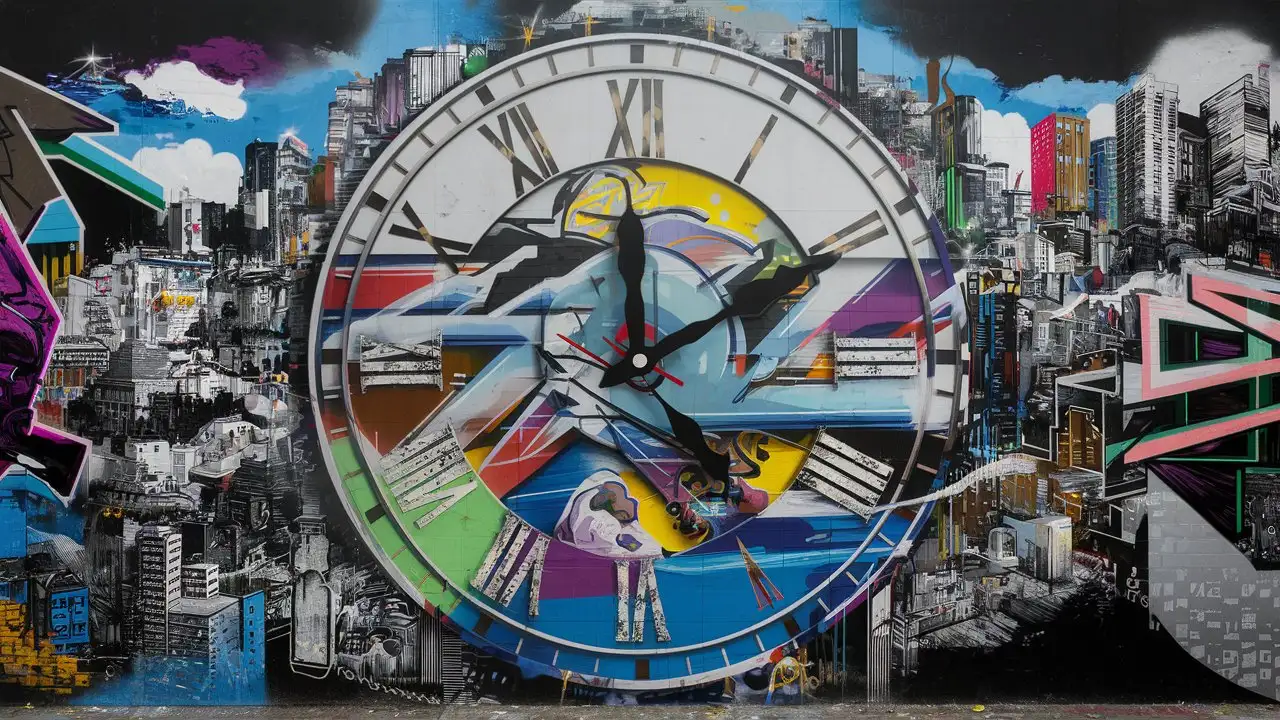 Vibrant Graffiti Clock Mural in Urban Setting