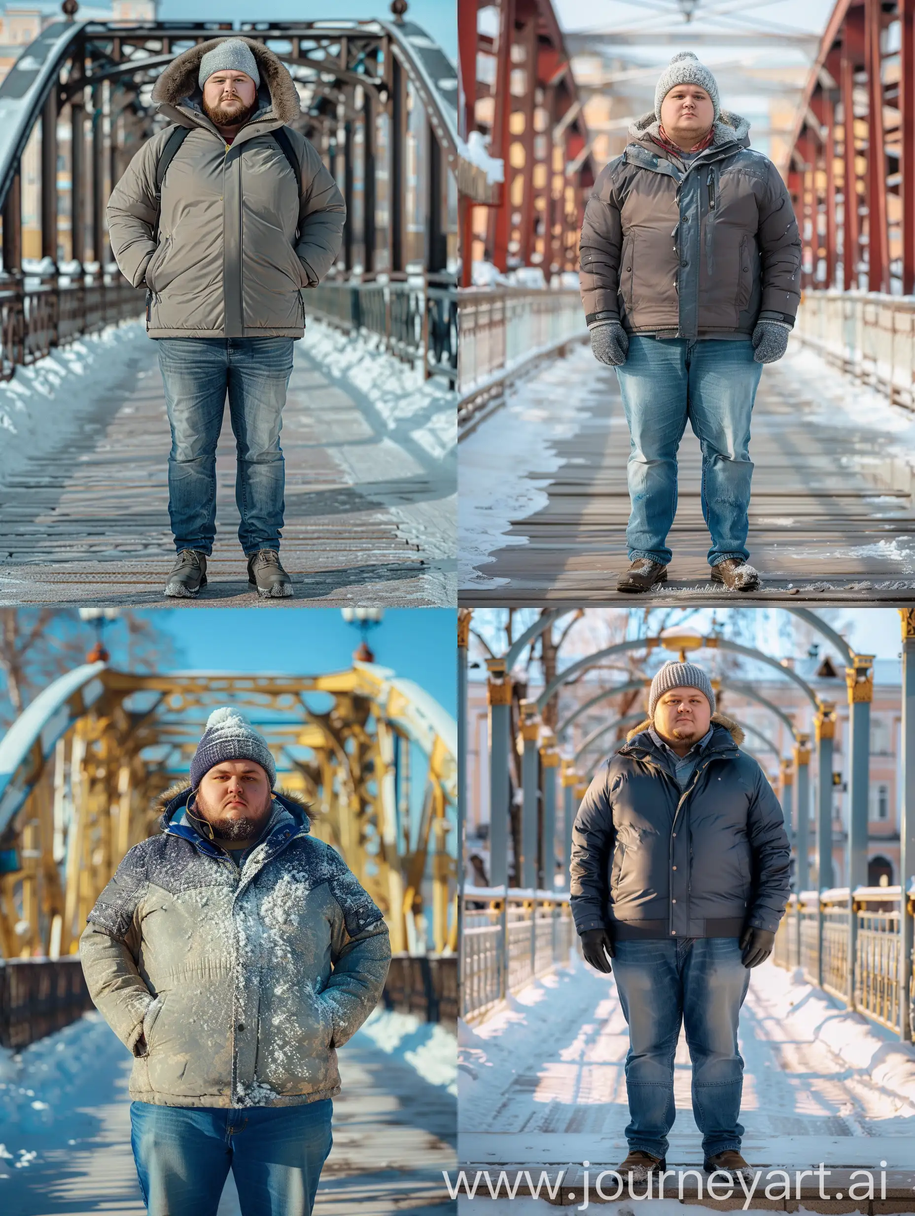Potret seorang pria berumur 26 tahun berbadan agak gemuk, mengenakan jaket musim dingin, topi salju, celana jeans. Menghadap depan. Berdiri diatas jembatan indah. Musim salju. Foto asli. Sangat detail. 8K HD. leica kamera.