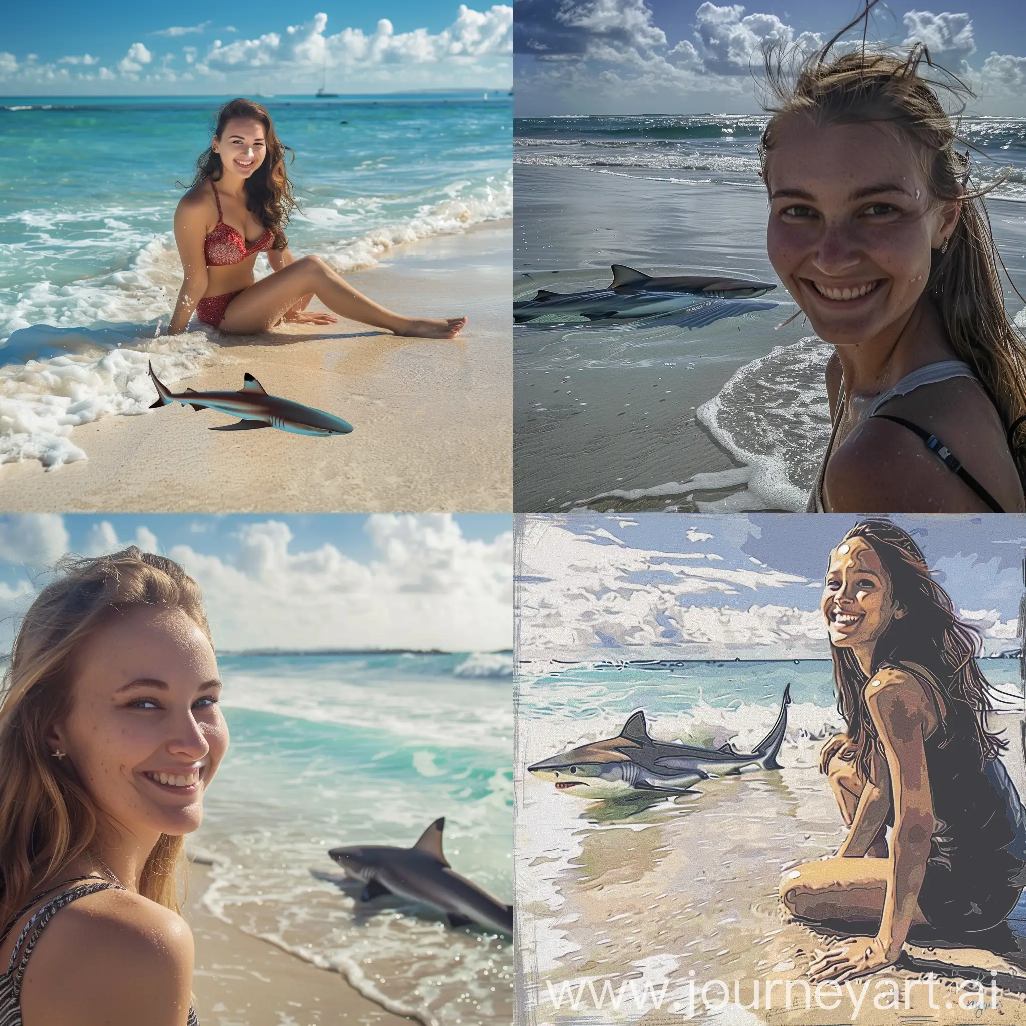 Girl at the beach, she is smiling, shark is in the ocean