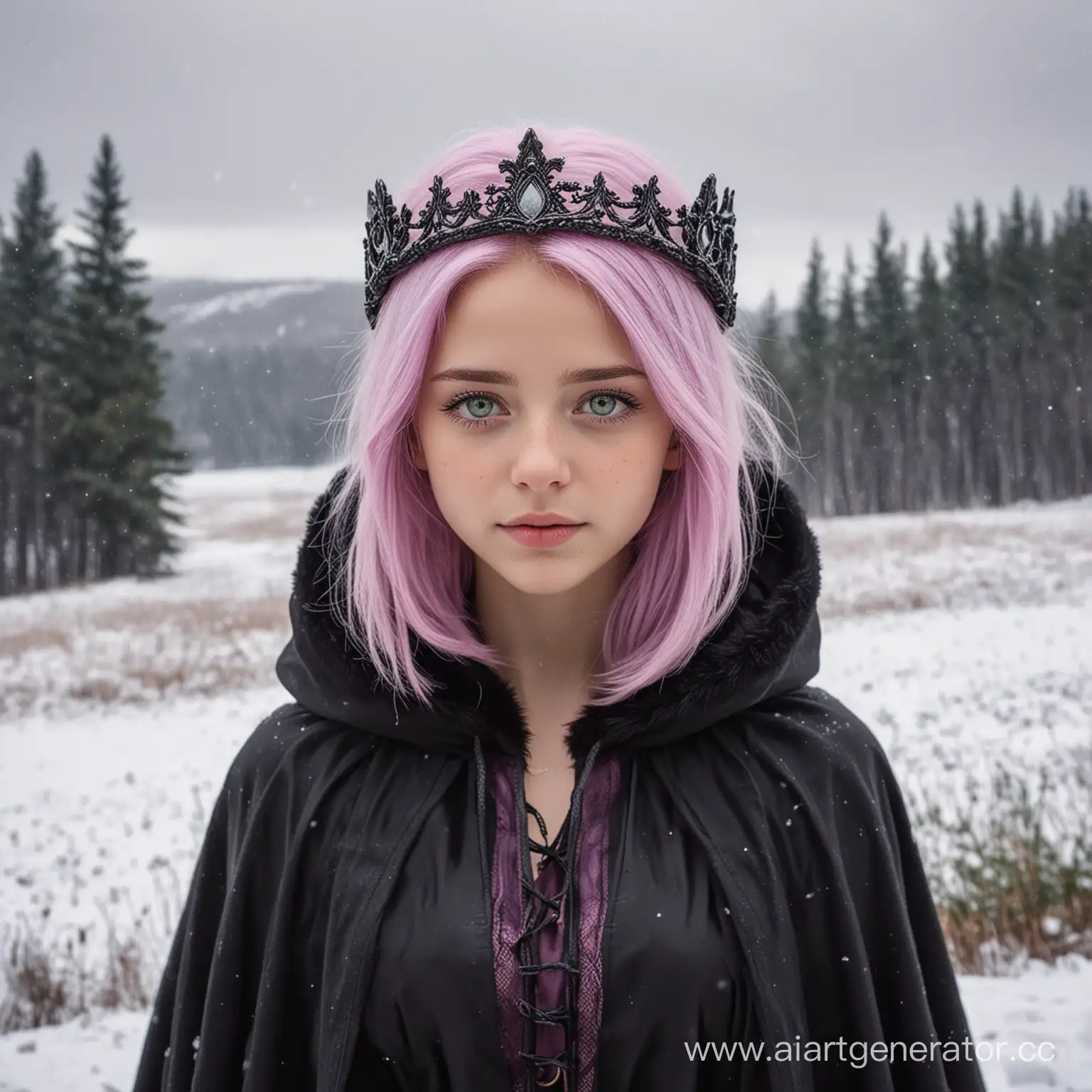 девушка, с нежно-розовыми волосами, с зелёными глазами, с фиолетовой короной на голове, с тёмным плащом с мехом на плечах, вокруг снежные поля, еловые леса вдалеке, пасмурное небо