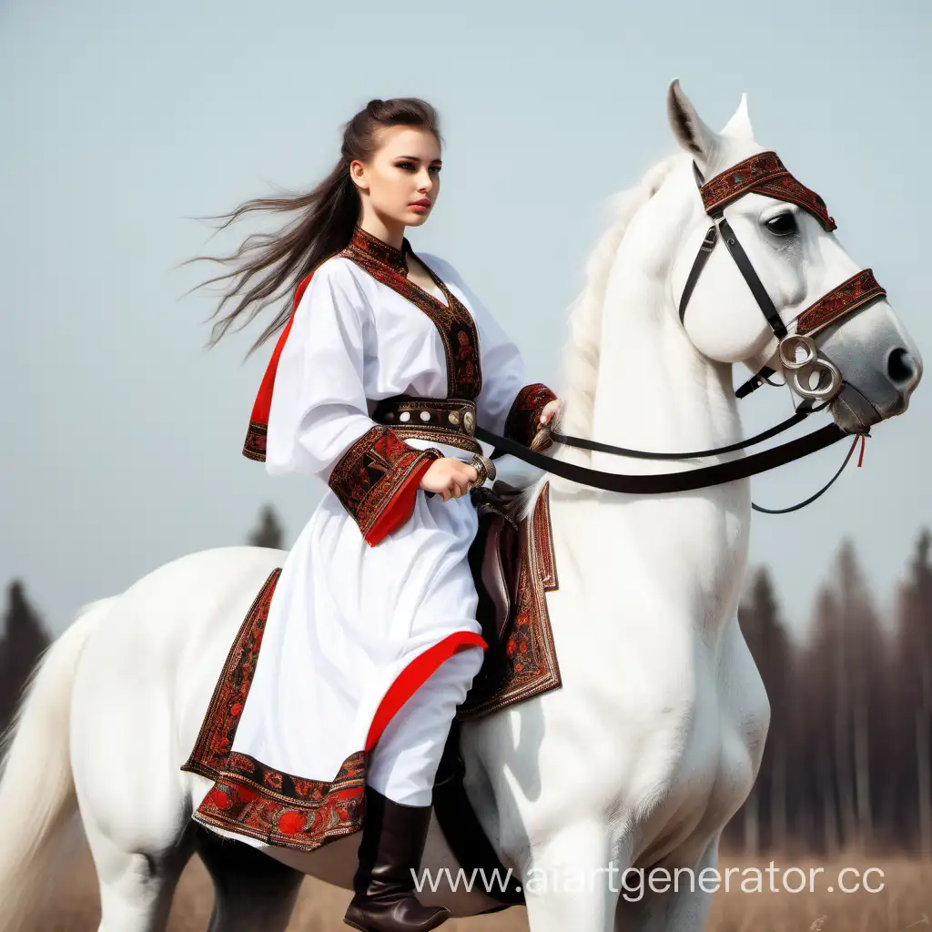 Beautiful Caucasian girl in traditional costume with a saber on a white horse