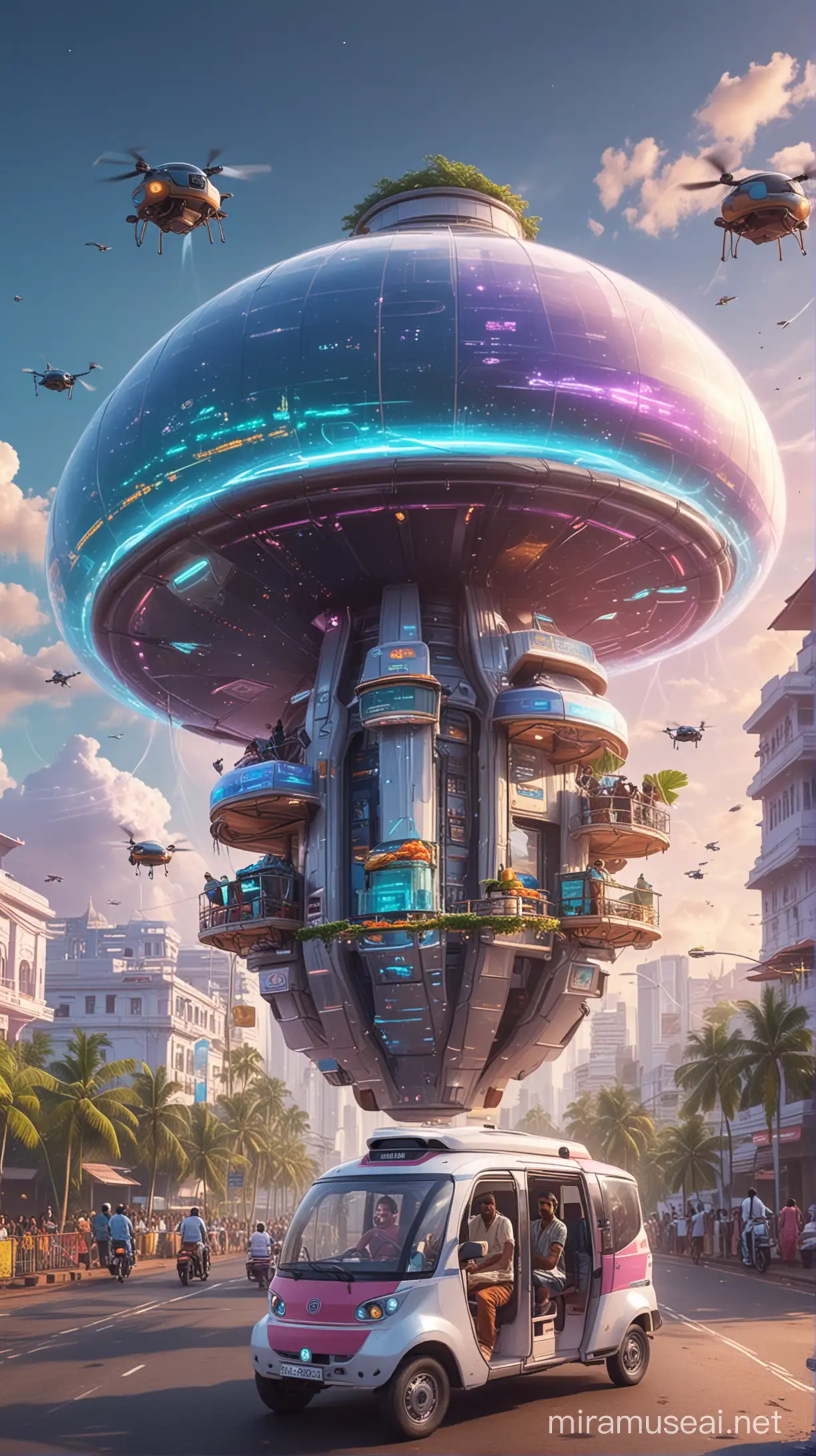 an illustration of a futuristic food pod with kerala building behind and autorikshaw drivers and autos infront with drones delivering food and pooja people in the sky in an hoverboard and holograms in the sky