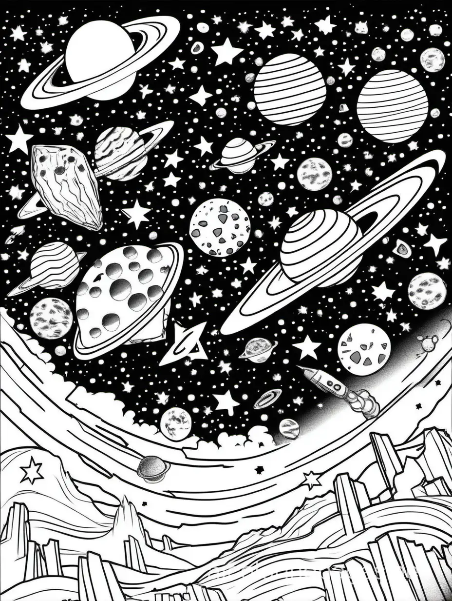 Galaxy and stars with some asteroids and some aliens, Coloring Page, black and white, line art, white background, Simplicity, Ample White Space. The background of the coloring page is plain white to make it easy for young children to color within the lines. The outlines of all the subjects are easy to distinguish, making it simple for kids to color without too much difficulty