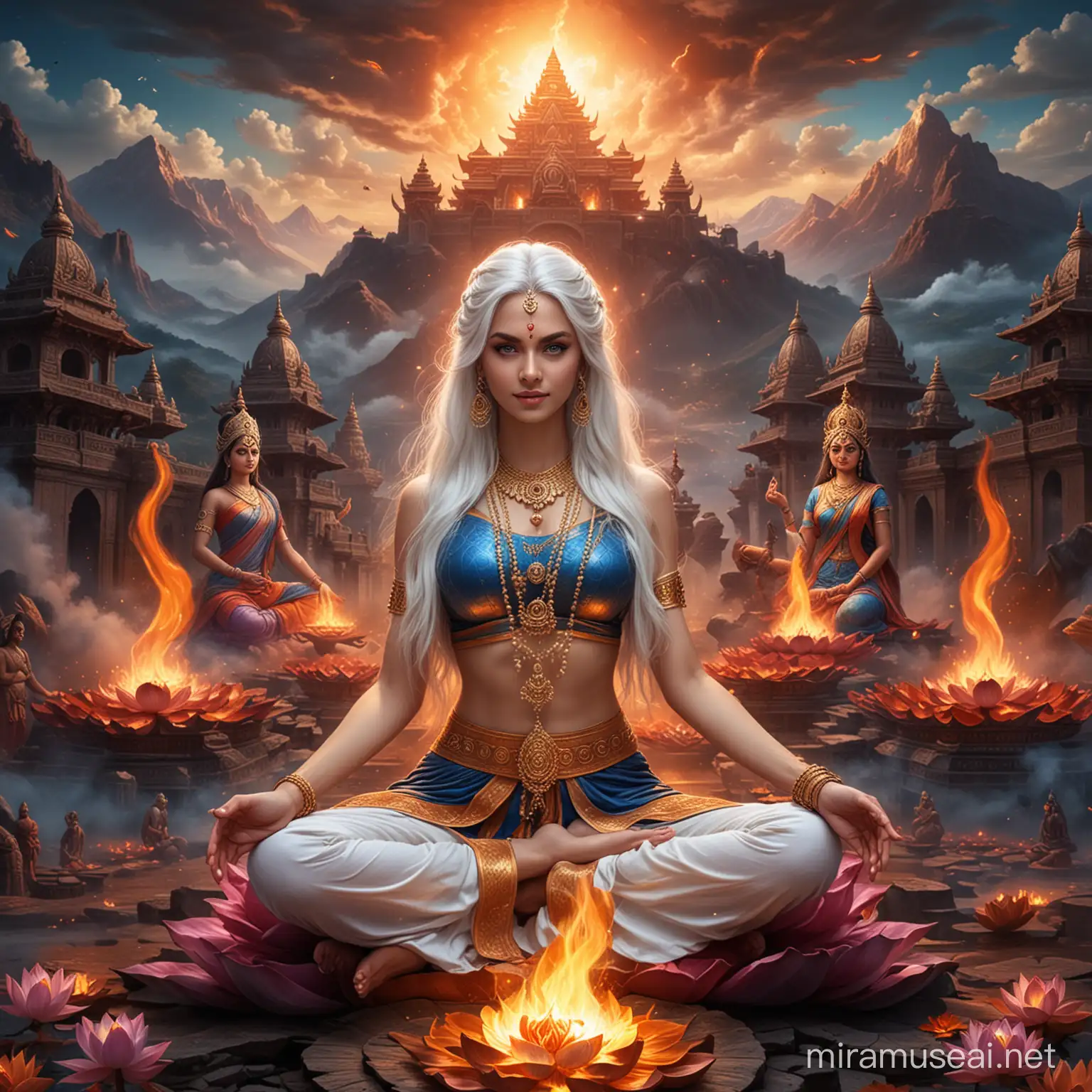 Empress Goddess in Lotus Position Amidst Hindu Mystical Symbols and Demonic Deities