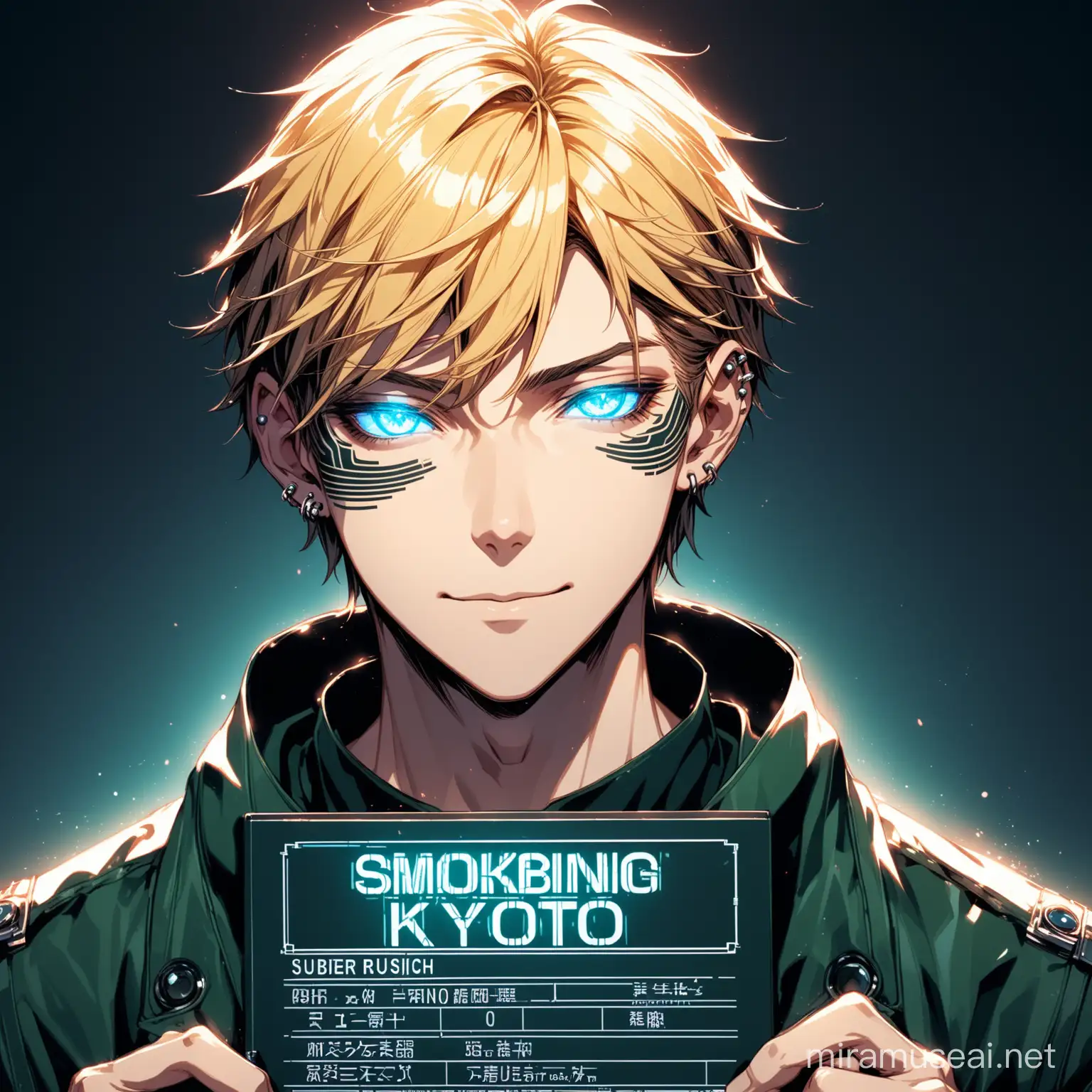 Kyoto animation stylized anime mixed with futuristic cyberpunk artworks ~ young blonde Male staring into the camera for a mugshot or ID photo with a really smug smile, glowing eyes, angelic, pretty boy face, no beard, no facial hair, different colored eyes, colorful male idol outfit, looks like a young male model, pale skin, blonde hair, slim build, curtain bangs, smoking, pretty boy face, rich, ear piercing, face piercing, face tattoo, white background. Cinematic Lighting, dark lighting, dystopian view, ethereal light, intricate details, extremely detailed, complex details, insanely detailed and intricate, hypermaximalist, extremely detailed with rich colors. masterpiece, best quality, aerial view, HDR, UHD, unreal engine. Slim young man, rich aura, snobbish face, ((acrylic illustration by artgerm, by kawacy, by John Singer Sargenti) dark fantasy background, blade runner, akira, fair skin, handsome face,  altered reality, rich in details, high quality, gorgeous, dystopian, neon signs, final fantasy style, gorgeous, glamorous, 8k, super detail, gorgeous light and shadow, detailed decoration, detailed lines, glitchy aesthetic, mugshot, 1x1