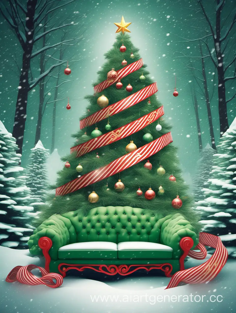 Festive-Christmas-Tree-Sofa-with-Dragon-Garland-in-Snowy-Pine-Forest