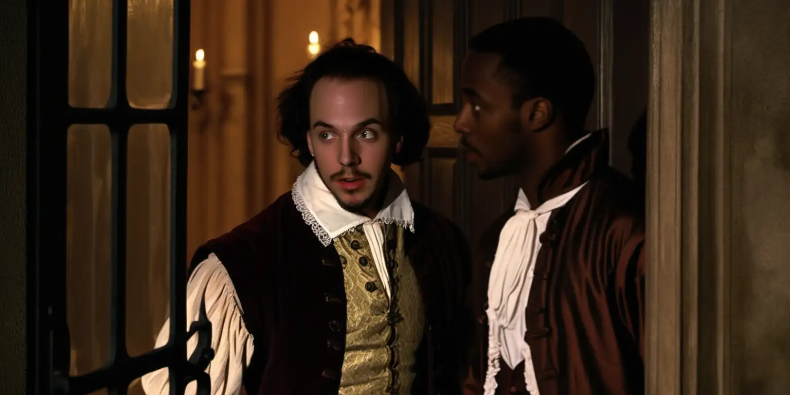 A color photo of a William Shakespeare, 26-years-old, leaving via a door of a palatial house. Beside him, an attractive young black man dressed in servants clothes looks concerned. It's nighttime. Set in 1595. 