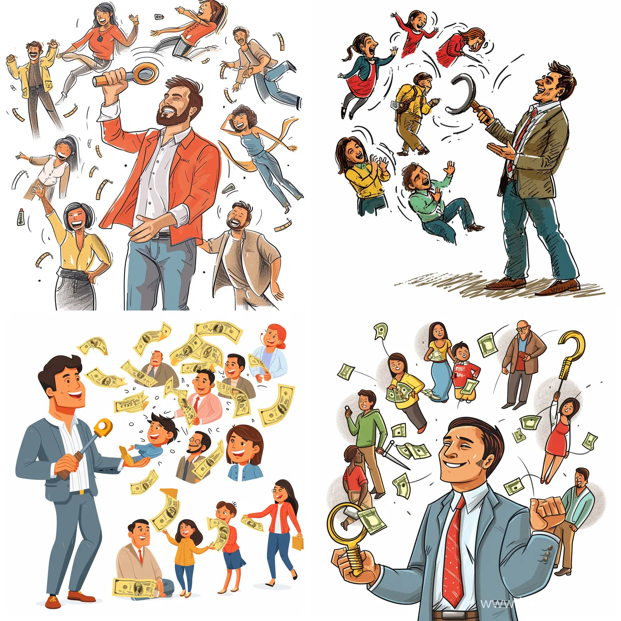 A man who is skilled at selling and making money holds a magnet in his hand. He catches people with it, 
and there are people stuck to the manget and the people are happy about that, on white background chalk sketch style, white background. 