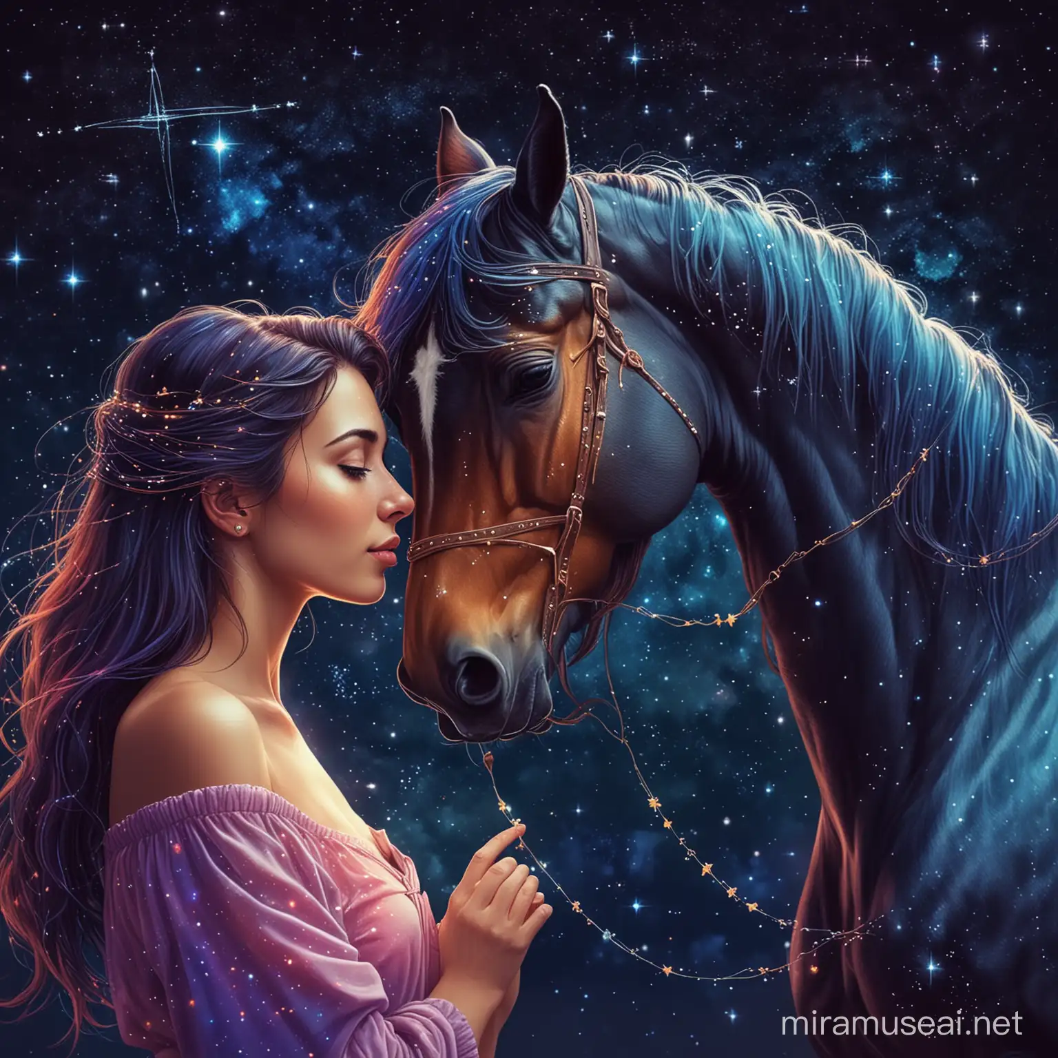 una bella mujer y un caballo enamorados. amor. una constelaciones en el cielo. líneas que unen estrellas en forma de caballo. muy espiritual. magico. estrellas brillantes. noche. colores vibrantes.  