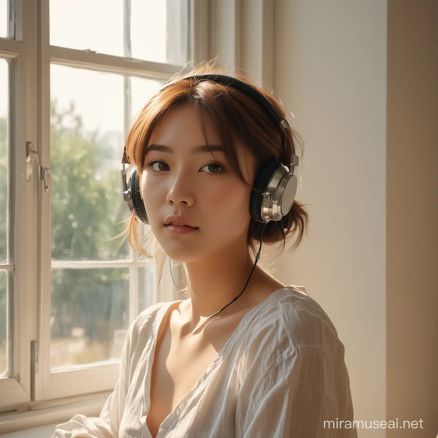 Photorealistic illustration of a contemplative K-pop girl with a vintage headset, bathed in natural sunlight in a large room, looking out of a window, peaceful and dreamy expression, high quality, photorealism, K-pop style, vintage, contemplative mood, peaceful atmosphere, natural lighting, large room, detailed facial expression, vintage headset, bright sunshine, serene, happy, thoughtful gaze, 