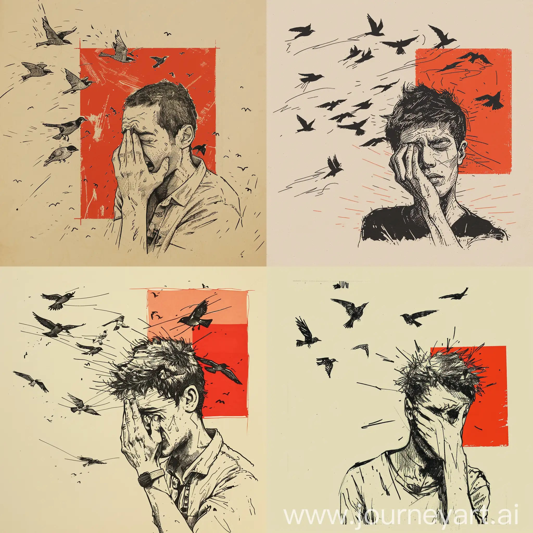 Expressive-Portrait-Man-in-Disappointment-Amidst-Flying-Birds-and-Linocut-Art