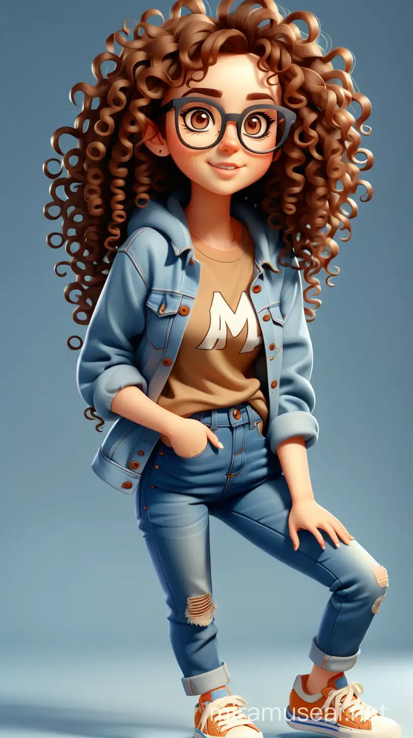 Adorable Girl with Brown Curly Hair and Square Spectacles in Blue Jeans and Sneakers
