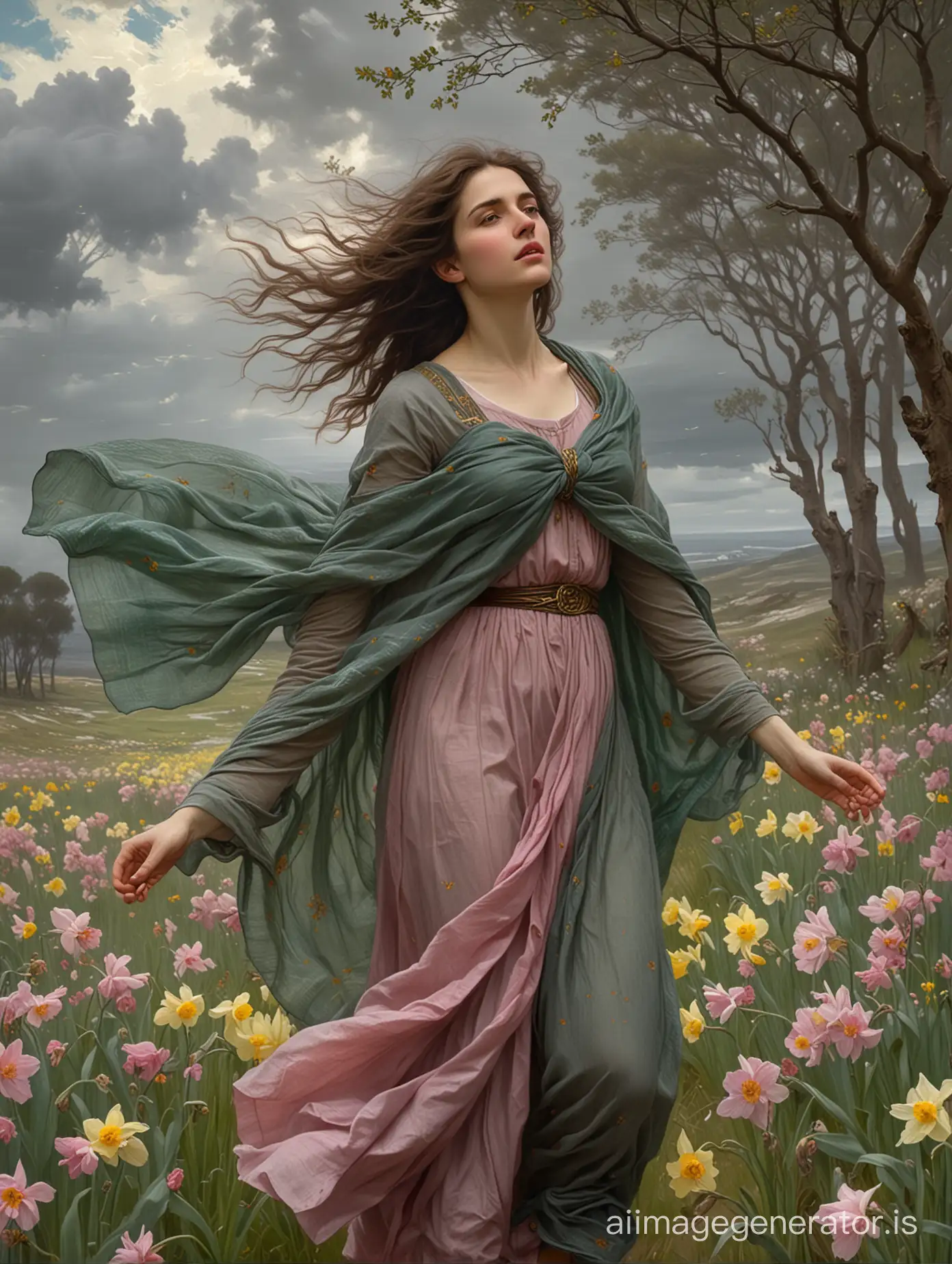 Painting of the Pre-Raphaelites, a young brunette girl walks through a field, rare pink flowers and daffodils, a strong gust of wind almost blew the wide semi-transparent gray scarf off the woman's head, she presses it against her head with both hands, diagonal angle, the wind flutters her gray shawl, background - rare green trees, gloomy, before the storm, painting by artist John William Waterhouse Northern Wind, Boreas