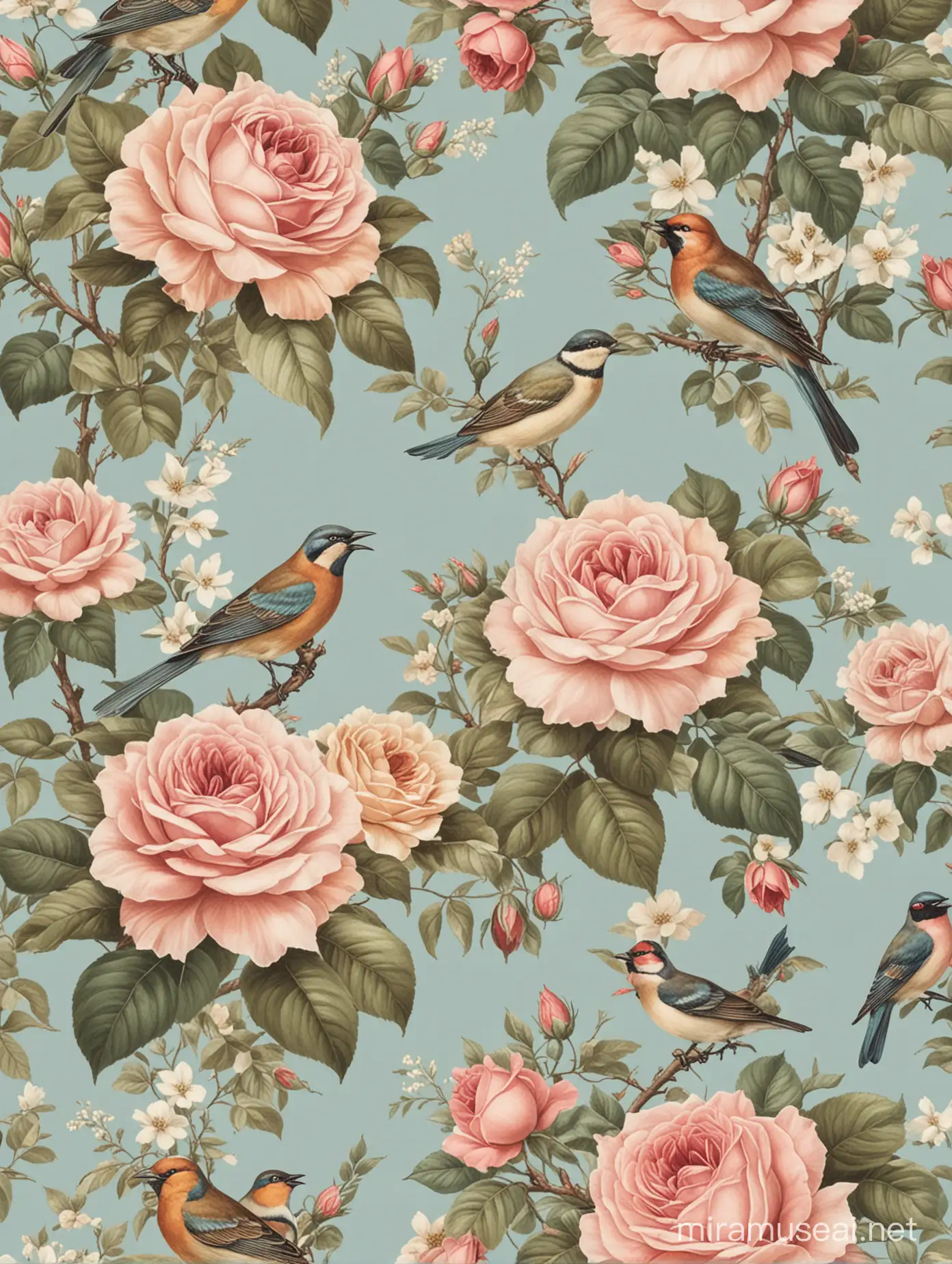 Create an image of vintage style wallpaper with roses and birds
