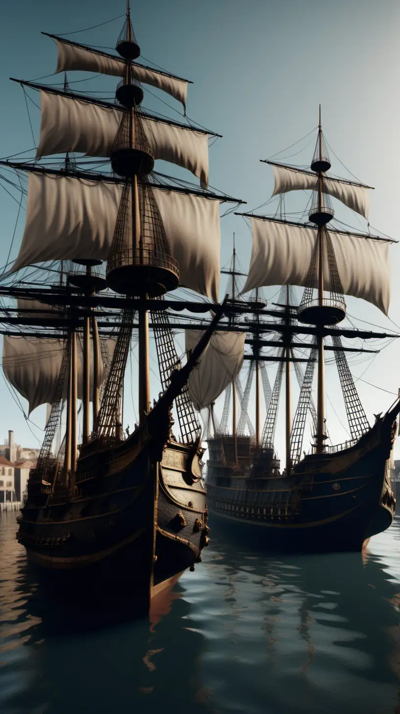 Barcos del siglo XVII atascados en un puerto, imagen ultra realista, iluminación cinemática, alta definición, 8k 