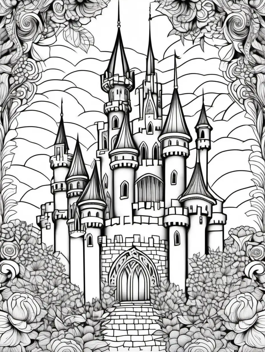 gothic style castle, adult coloring book, doodle floral art background, black and white, thick black lines, clean edges, full page, color by number