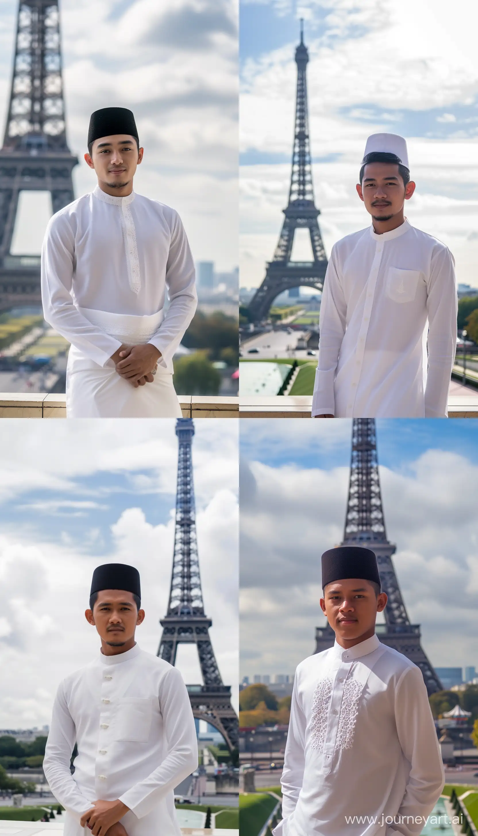 Handsome-Indonesian-Man-in-Traditional-Attire-Captured-Against-Eiffel-Tower-Backdrop