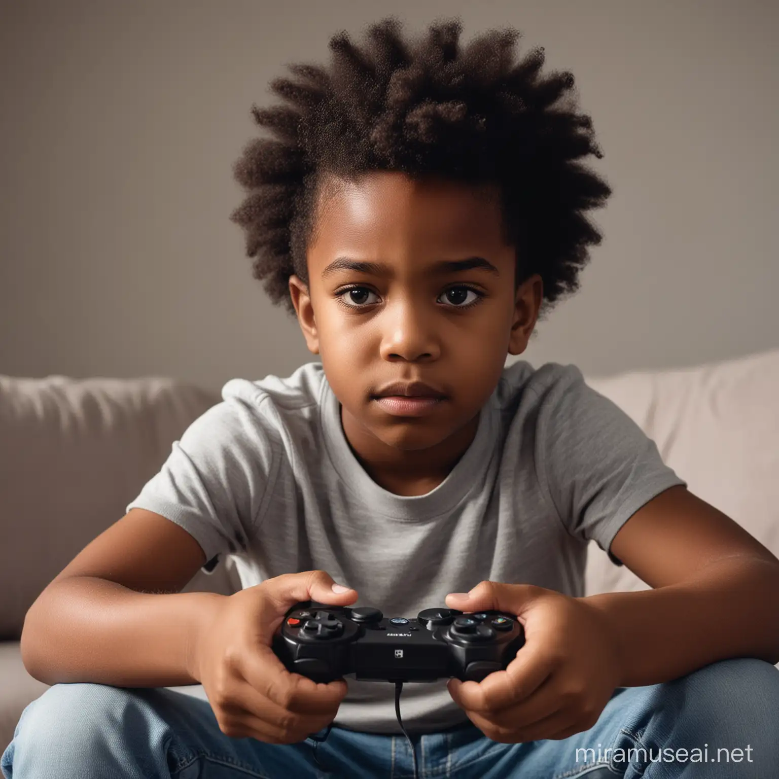 Serious Black Child Engrossed in Video Game Play