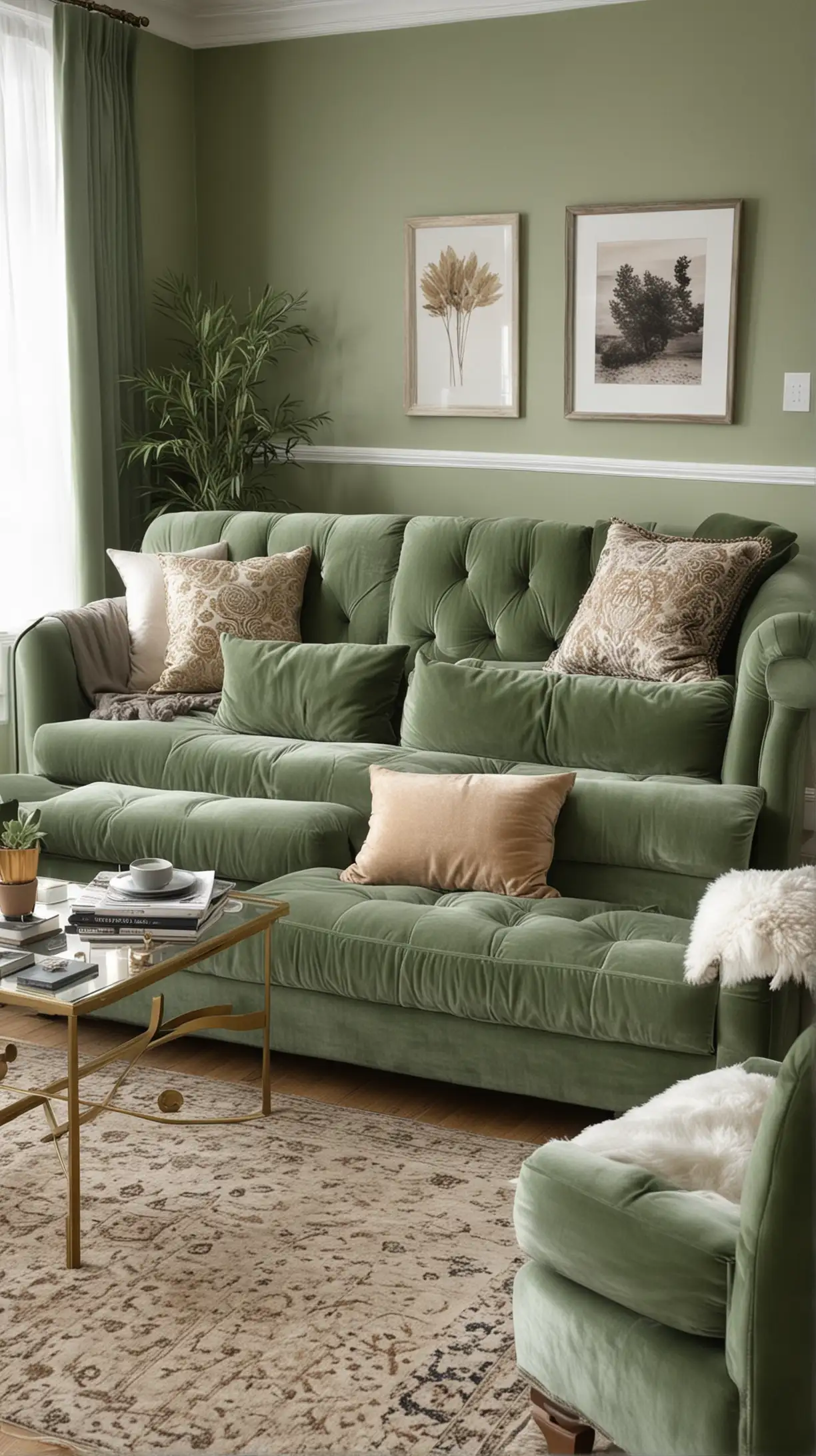 Create picture for Sage Green Living Room and make sure it should be attractive and realistic. Make sure that every single object in the picture should be clear means full overview of the idea not a single object. Here's the idea to create the picture [Velvet Sage Sofa

I chose a sage green velvet sofa for its luxurious feel. It’s incredibly comfortable and stylish, instantly becoming the centerpiece of my living room. It’s a great way to introduce a rich texture and color.]