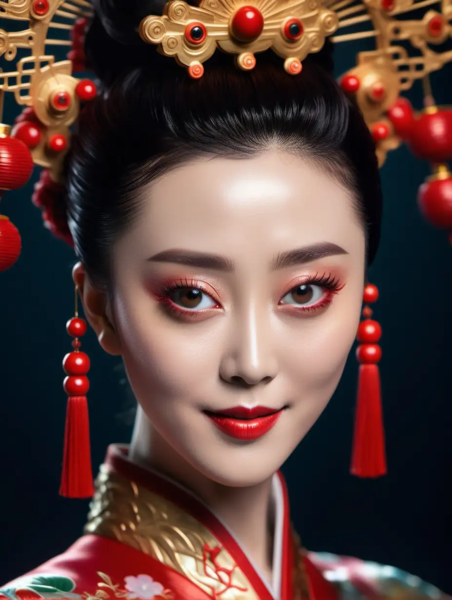 the empress of china fan bingbing, slight smile, red lips, smile and look at camera, Modern, With party clothes, bright., Miki Asai Macro photography, close-up, hyper detailed, trending on artstation, sharp focus, studio photo, intricate details, highly detailed, by greg rutkowski