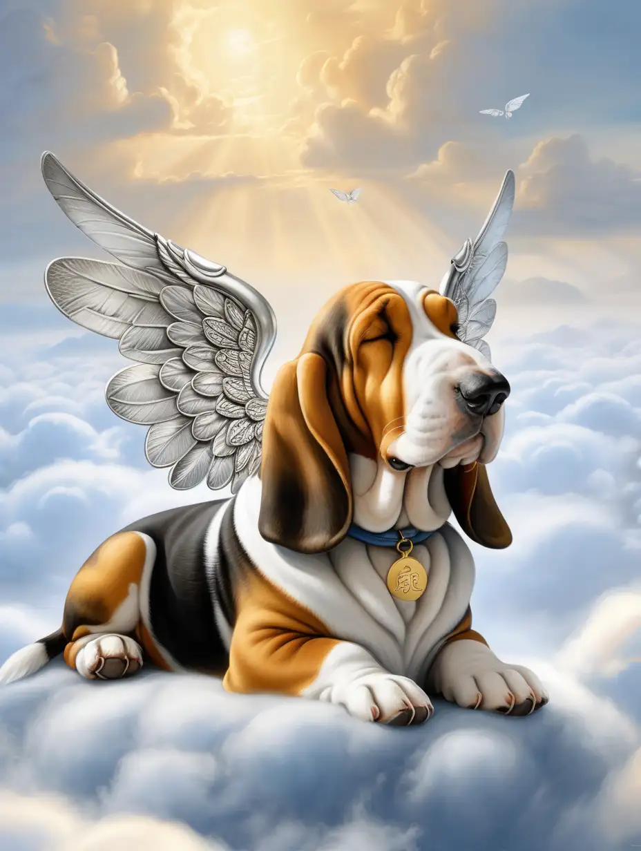 a pooh basset hound with angel wings sleeping on
the clouds, in the style of
realistic usage of light and
color, illustration, light
amber and silver, zen
buddhism influence,
realistic, mist, chinese
iconography
--ar 2:3 --v 5.1 --s 750 --q2