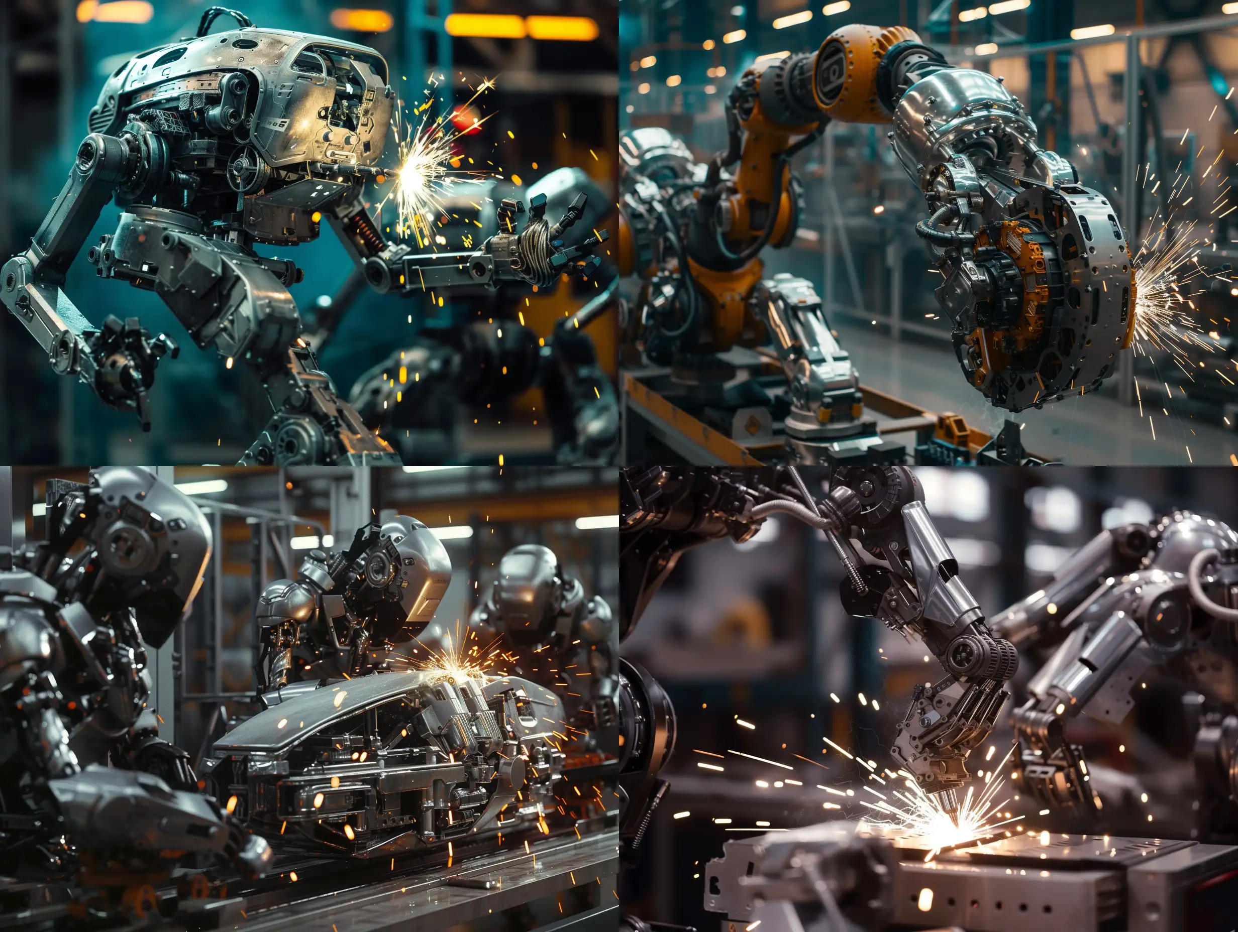 scene from a scifi movie. an industrial factory with robotic arms putting together a military autonomous mecha soldier out of chrome and positronic parts. sparks from welding. combination of industrial and futuristic. --v 6 --ar 4:3 --no 19245