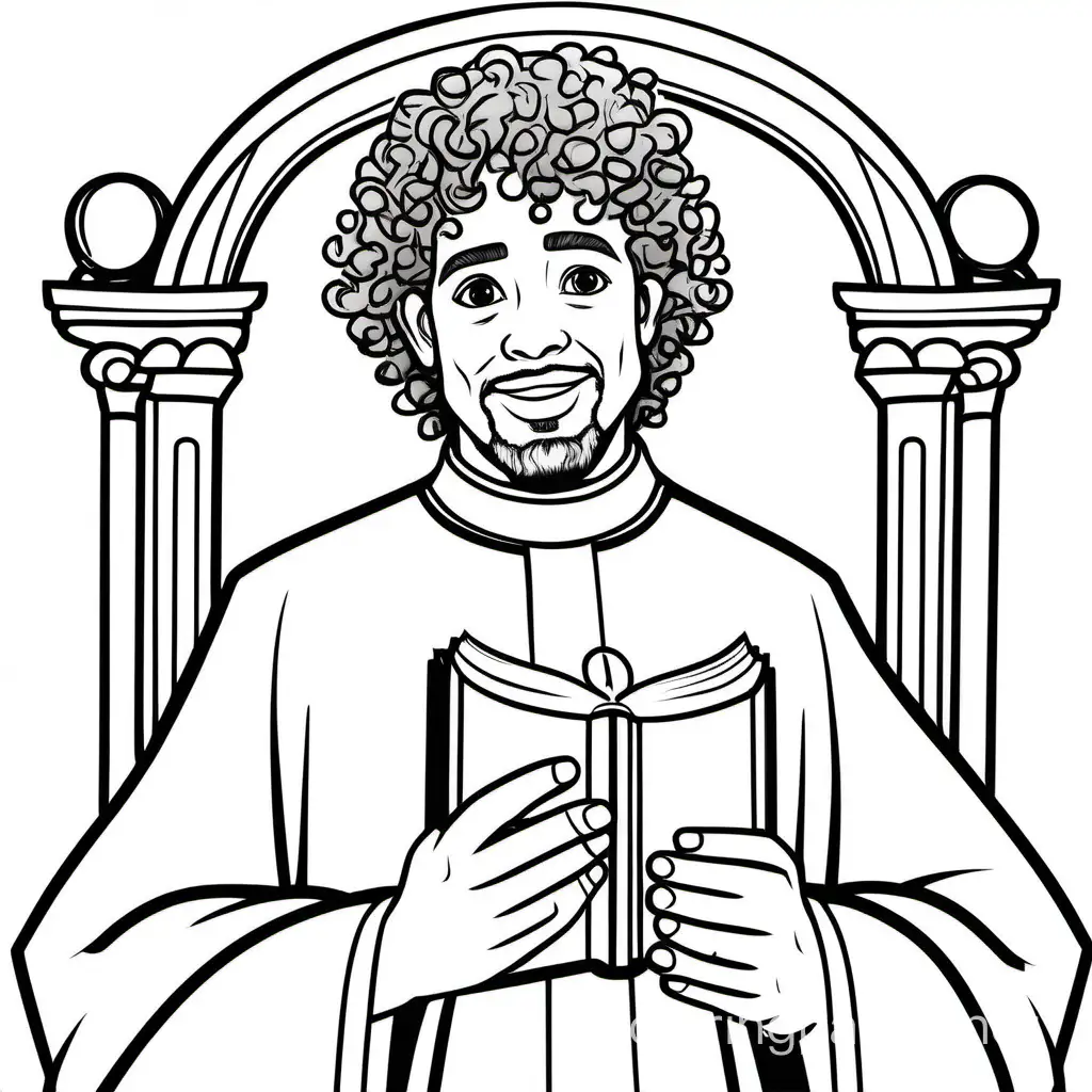 A priest with curly hair holds a Bible, Coloring Page, black and white, line art, white background, Simplicity, Ample White Space. The background of the coloring page is plain white to make it easy for young children to color within the lines. The outlines of all the subjects are easy to distinguish, making it simple for kids to color without too much difficulty