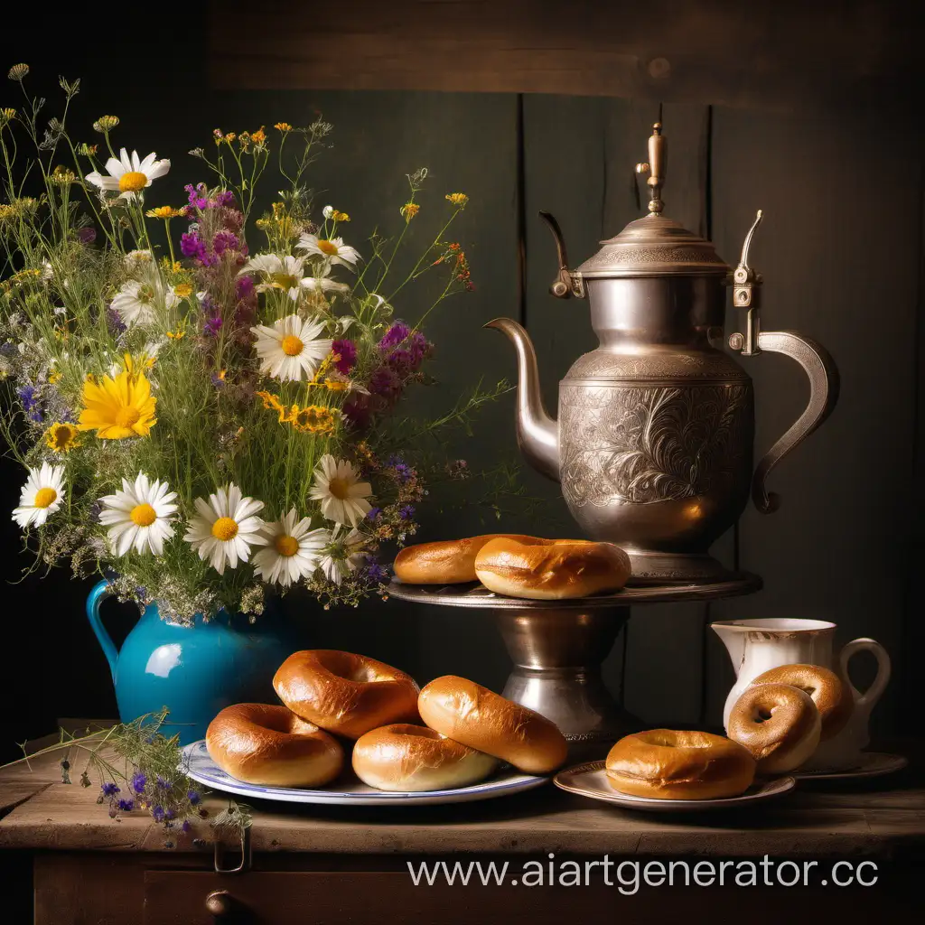 Rustic-Still-Life-with-Samovar-Bagels-and-Wildflowers