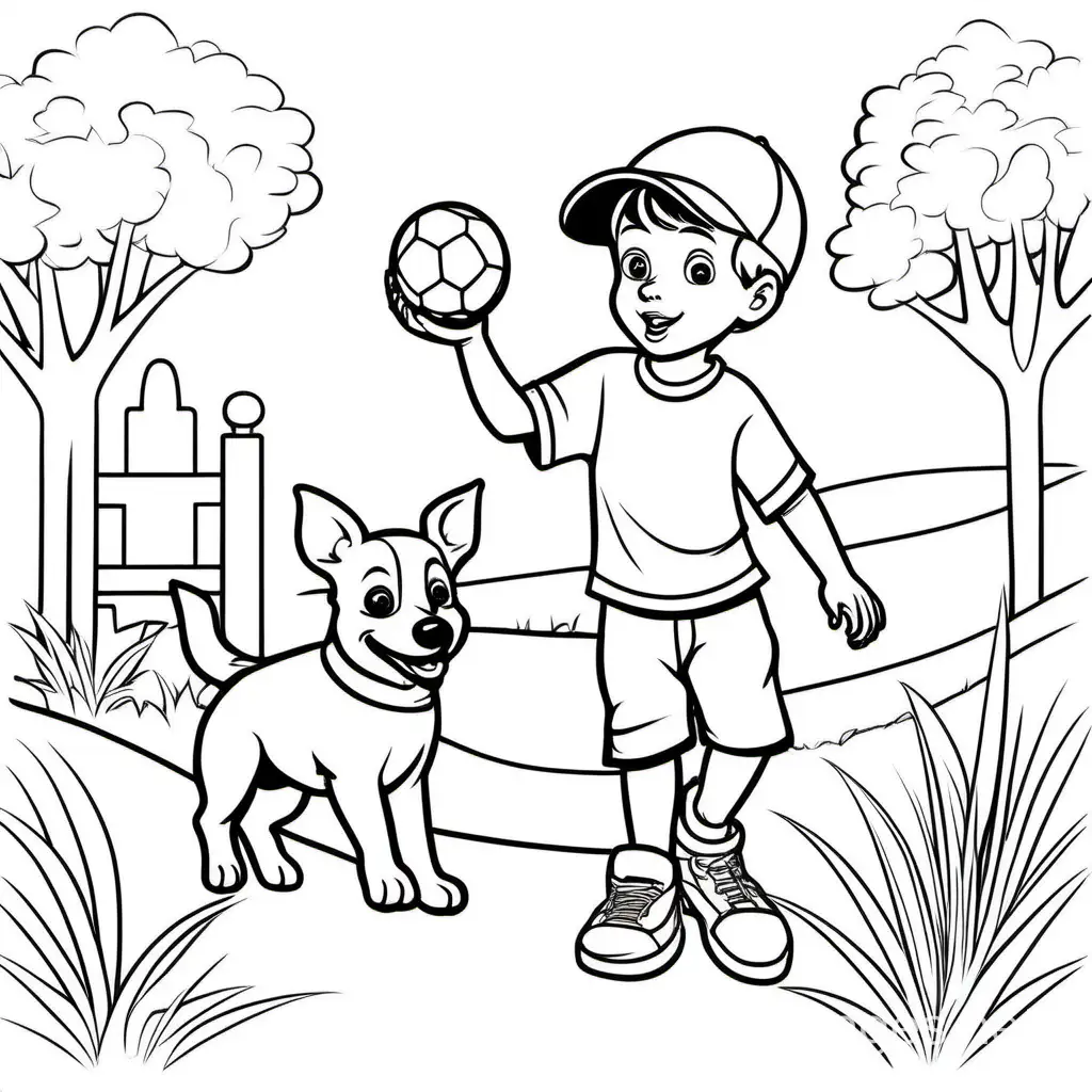 A young boy plays throw the ball with his red heeler puppy, black and white, line art, simple designs, white background, and easily distinguished black lines, making it easy for a young child to color within the lines. In the style of a Disney animation., Coloring Page, black and white, line art, white background, Simplicity, Ample White Space. The background of the coloring page is plain white to make it easy for young children to color within the lines. The outlines of all the subjects are easy to distinguish, making it simple for kids to color without too much difficulty