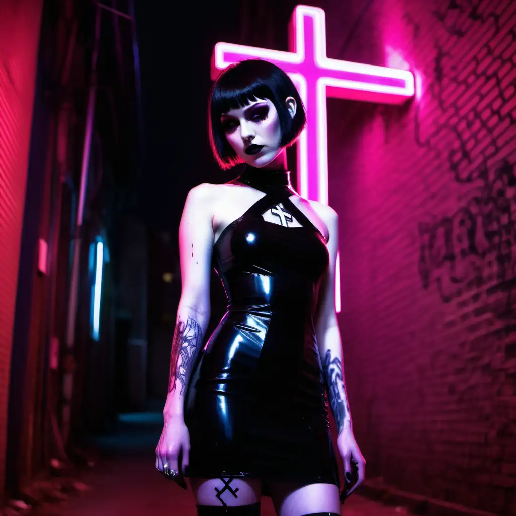 Goth girl. short hair. Latex dress. Alleyway with pink neon lights. Burning cross. 