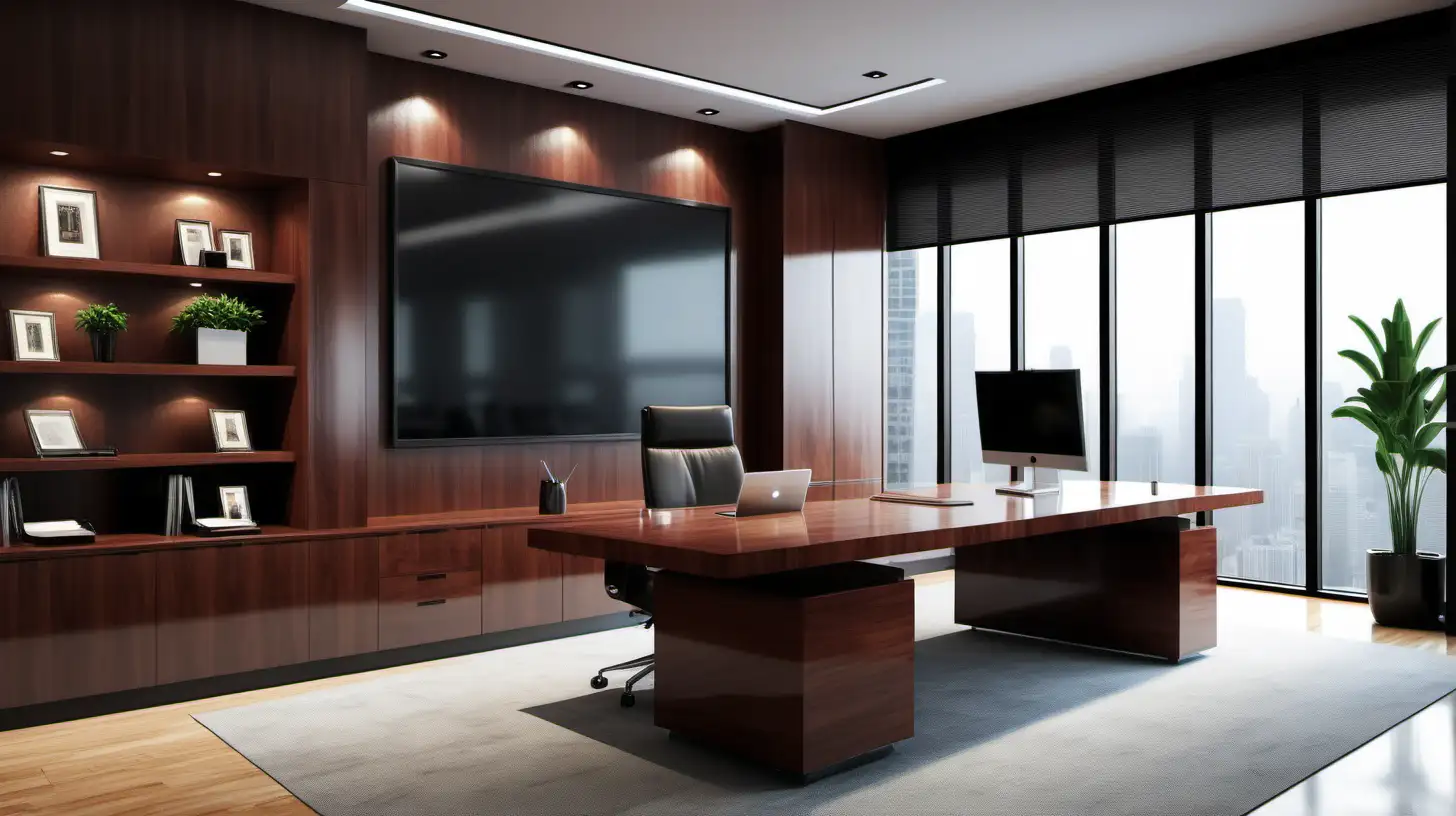 create a modern designed executive office. There should be a personal desk in the middle of the room. The desk should be facing a large TV display on the wall for video conferencing meeting 