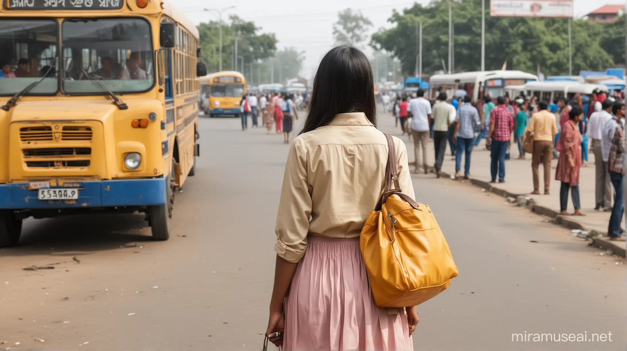 Indian Female Village Student Standing Amid Busy Bus Stand