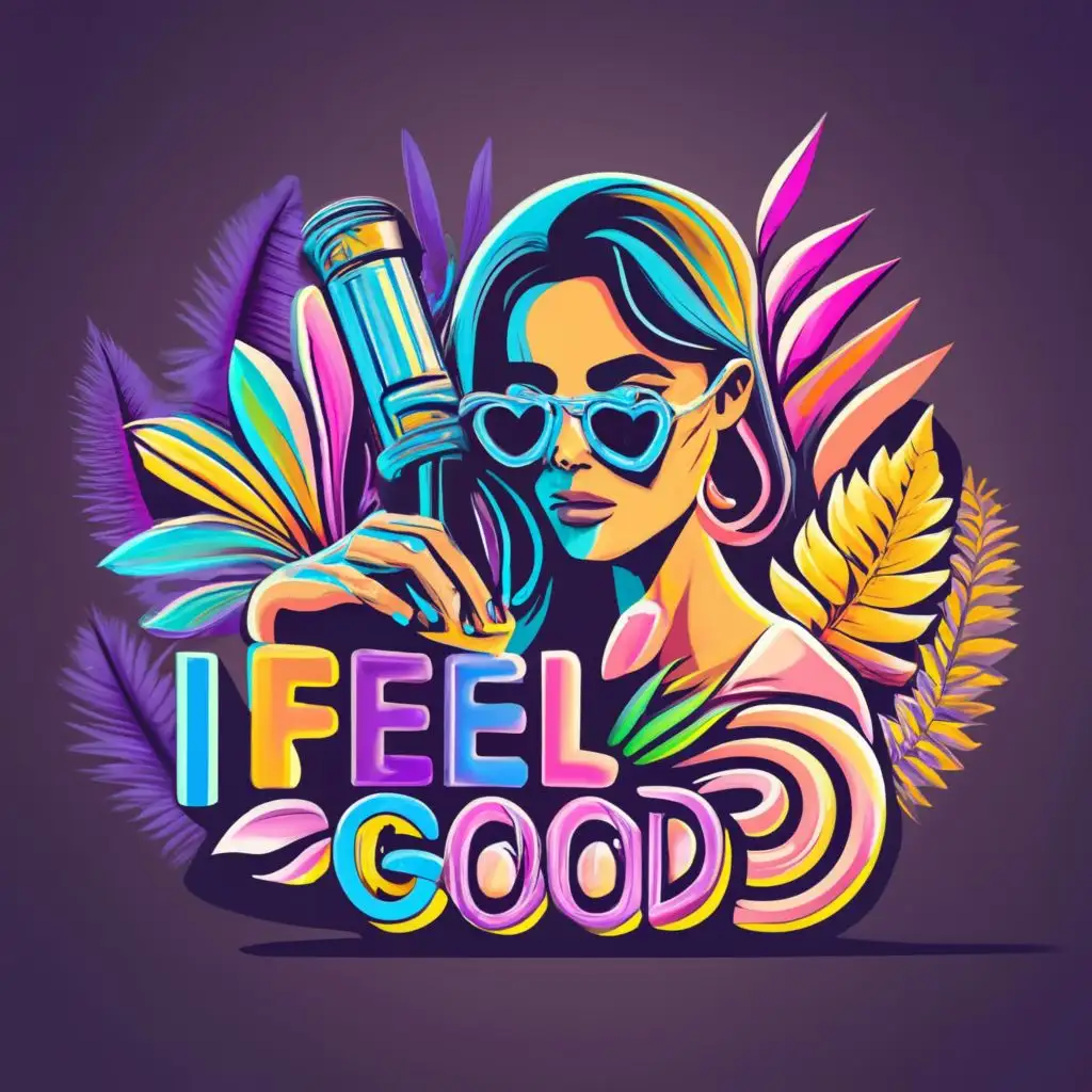 logo, neon colors, lady WITH TATTOO MACHINE and taro cards, with the text "I FEEL GOOD", typography, be used in Beauty Spa industry
palm leaves at the back
