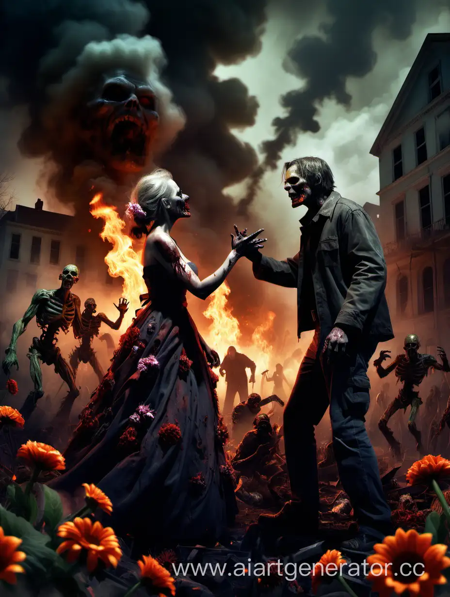 Apocalyptic-Couple-Celebrates-Amidst-Fire-Smoke-and-Zombies