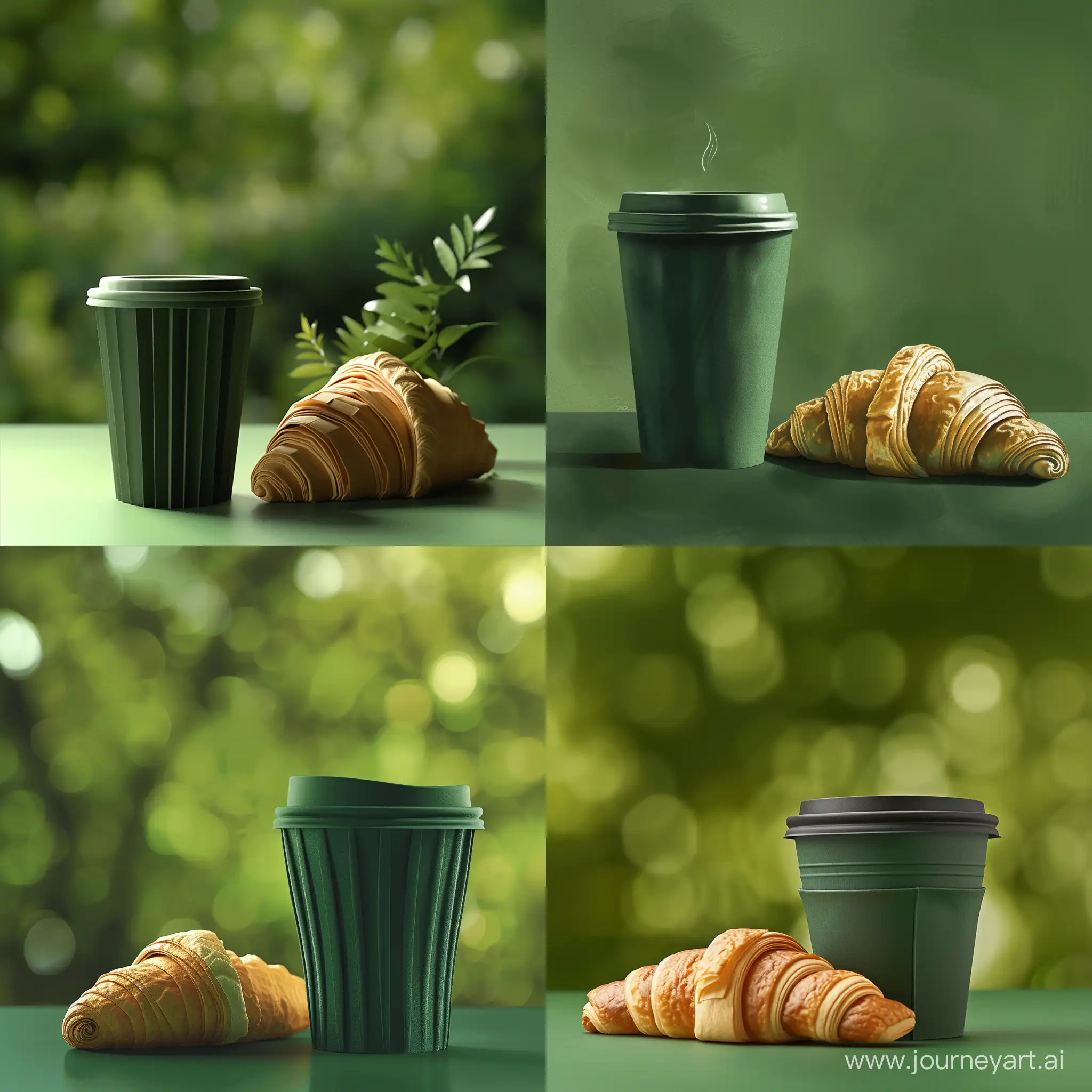 Нарисуй темно-зеленый бумажный стакан для кофе и круассан рядом с ним, сделай фон размытым в зеленых оттенках