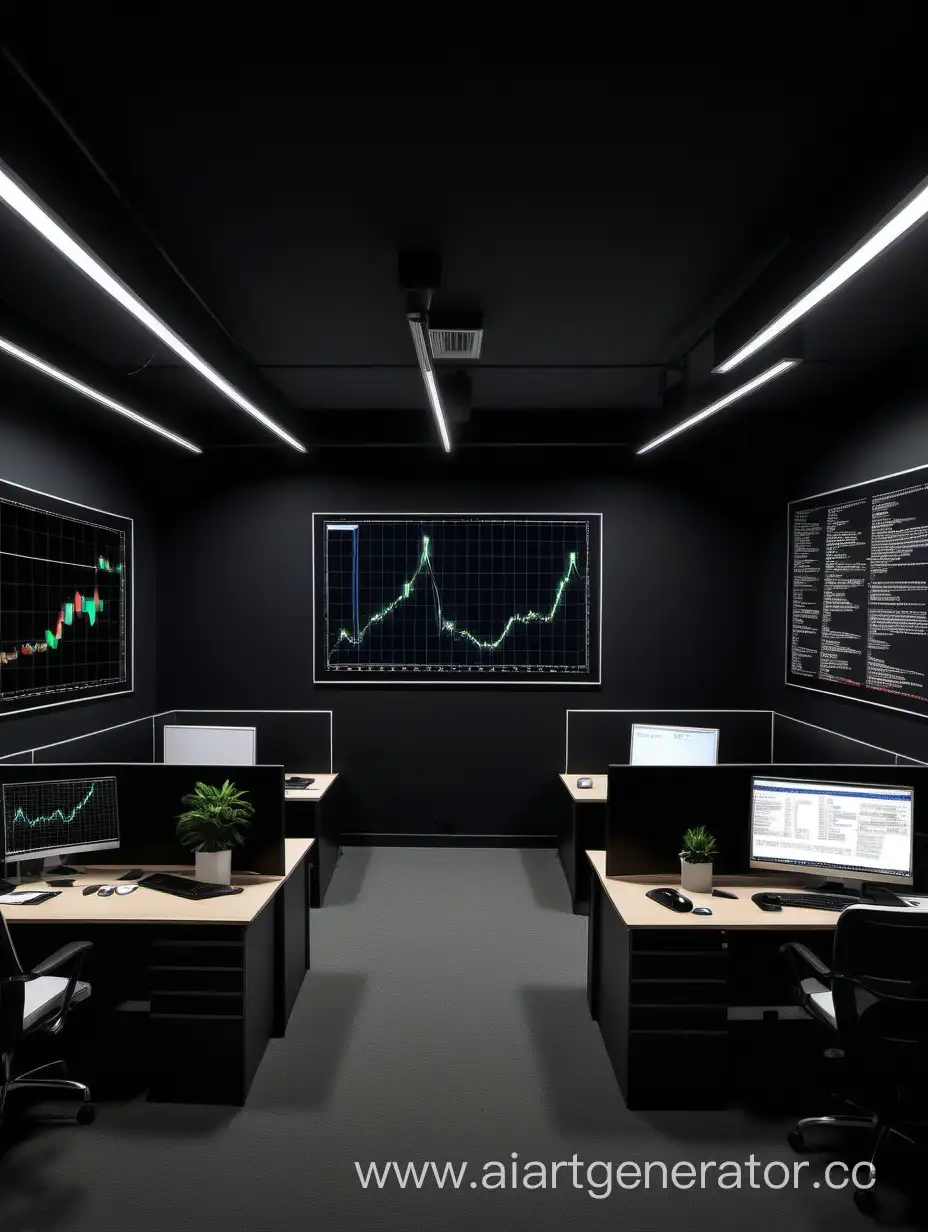 generate me a picture of a oblong, long office with black walls at night without windows,where crypto traders’ charts hang in the background, in which you can see the far wall and side walls