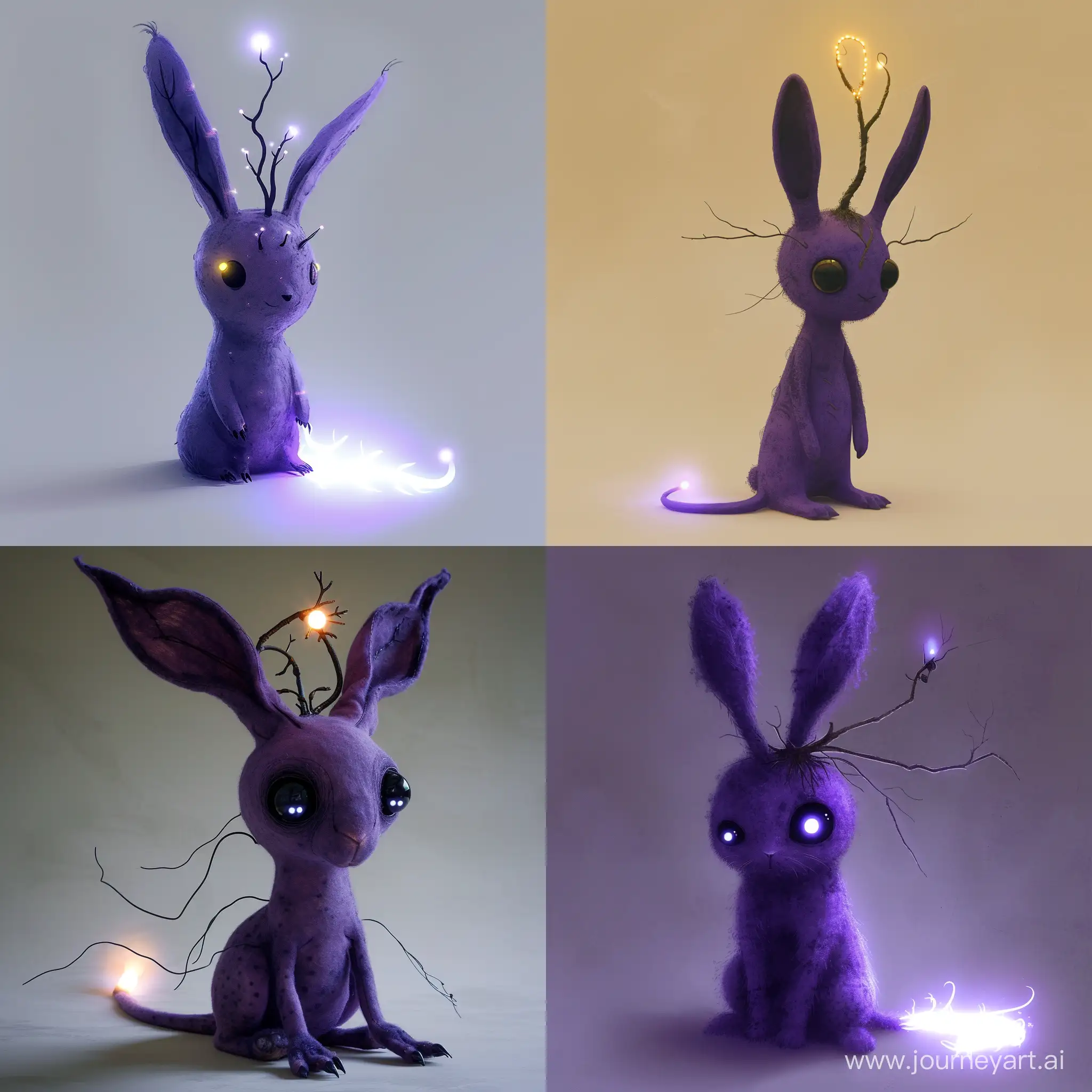 Фиолетовый антропоморфный кролик. С шестью ушами и тремя черными глазами. На голове светящаяся веточка. Длинный хвост светящийся на конце. 
