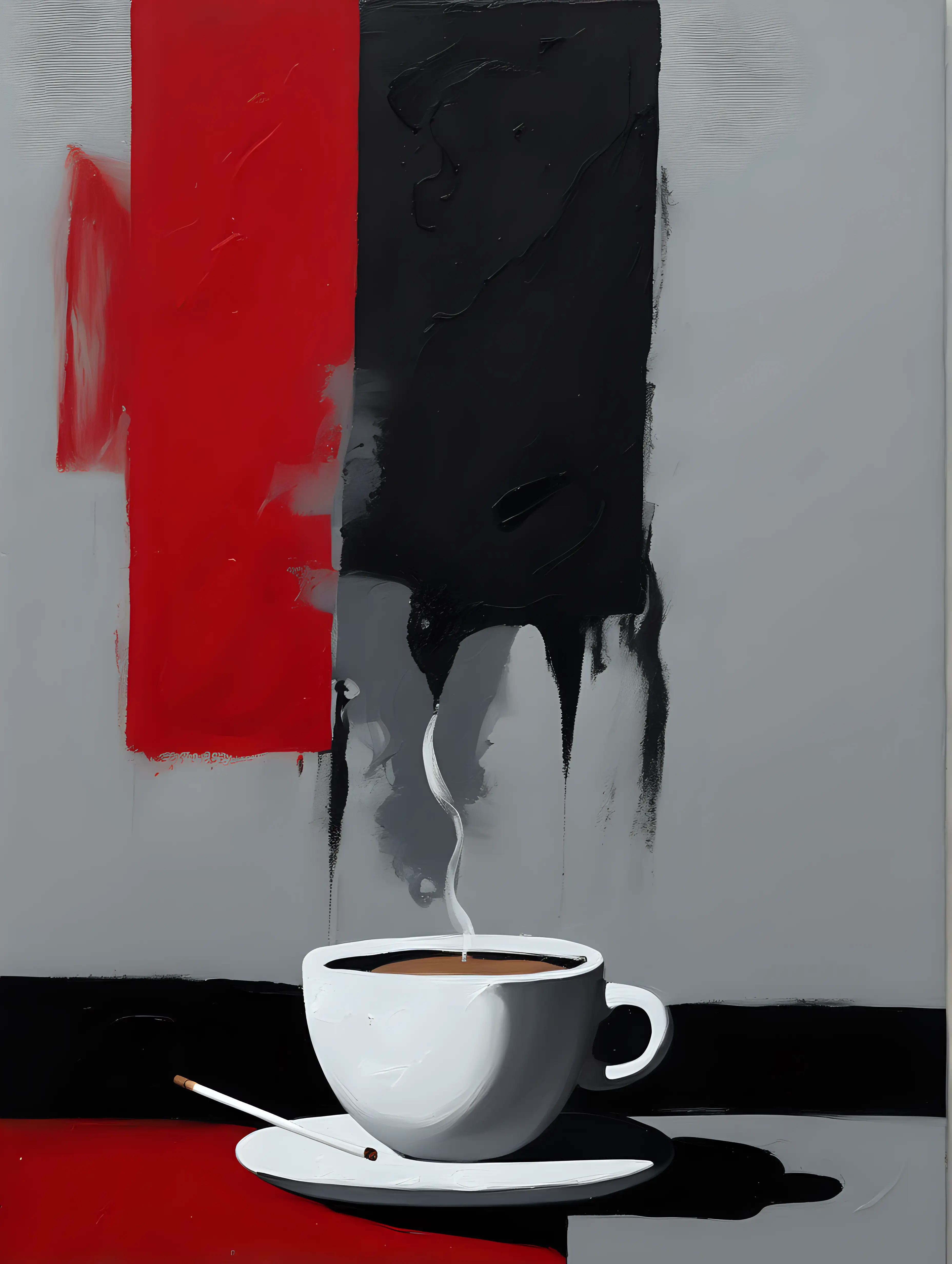 abstract painting, use palette of red, black and gray. coffe and cigarette, in a minimalist form