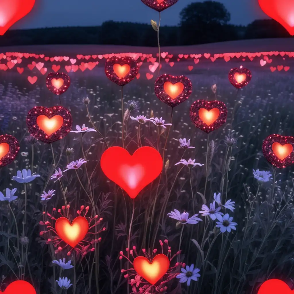 Enchanting Dusk Floating LED Red Hearts Above a Field of Wildflowers